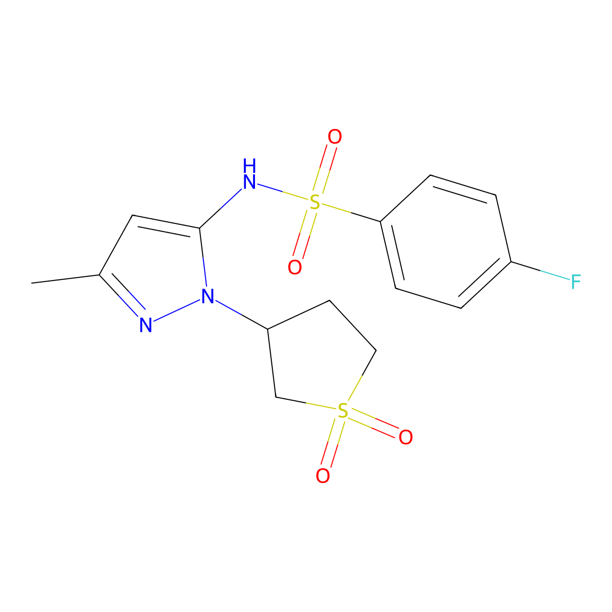 N-(1-(1,1-dioxidotetrahydrothiophen-3-yl)-3-methyl-1H-pyrazol-5-yl)-4-fluorobenzenesulfonamide molecular structure, CAS 1172515-86-4