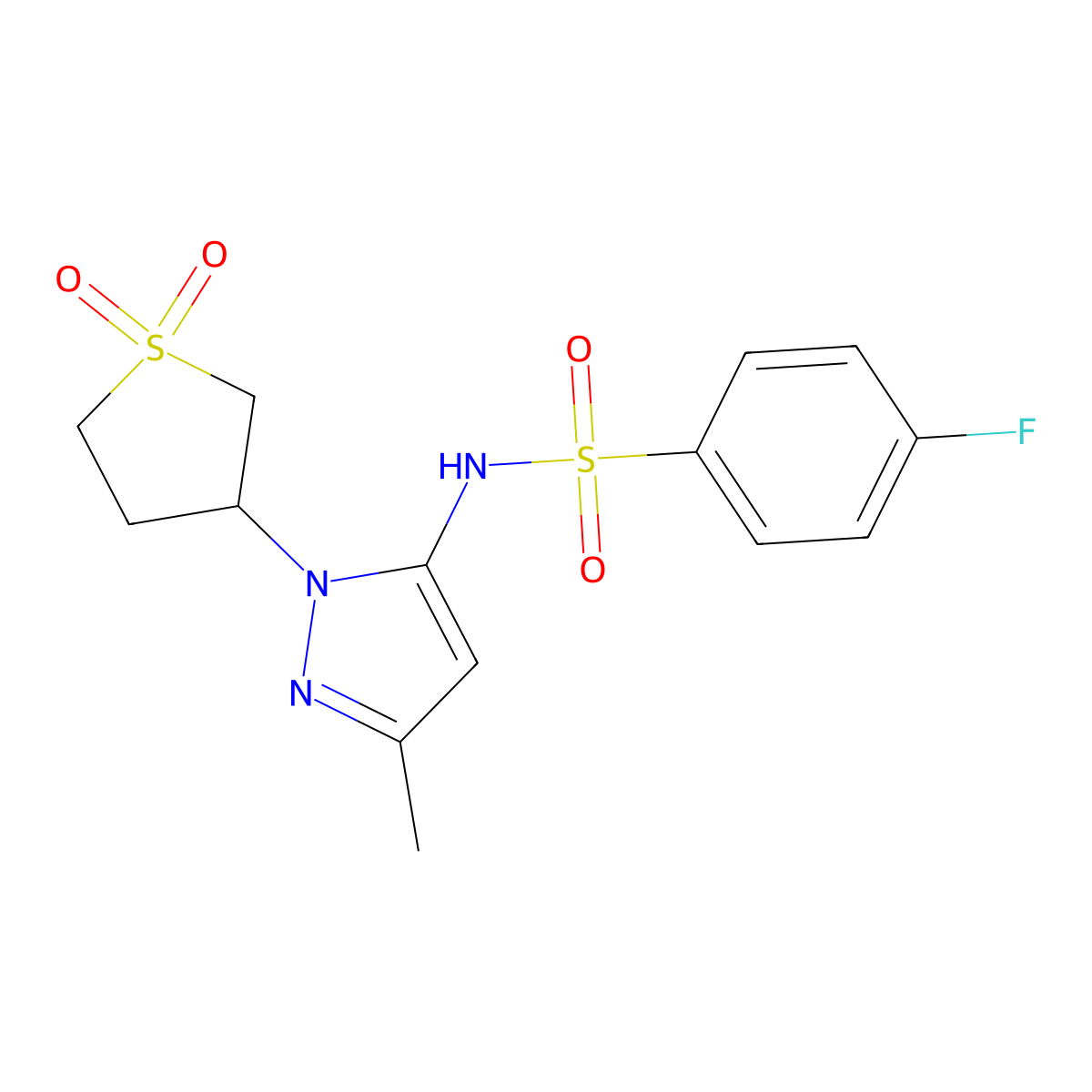 N-(1-(1,1-dioxidotetrahydrothiophen-3-yl)-3-methyl-1H-pyrazol-5-yl)-4-fluorobenzenesulfonamide molecular structure, CAS 1172515-86-4