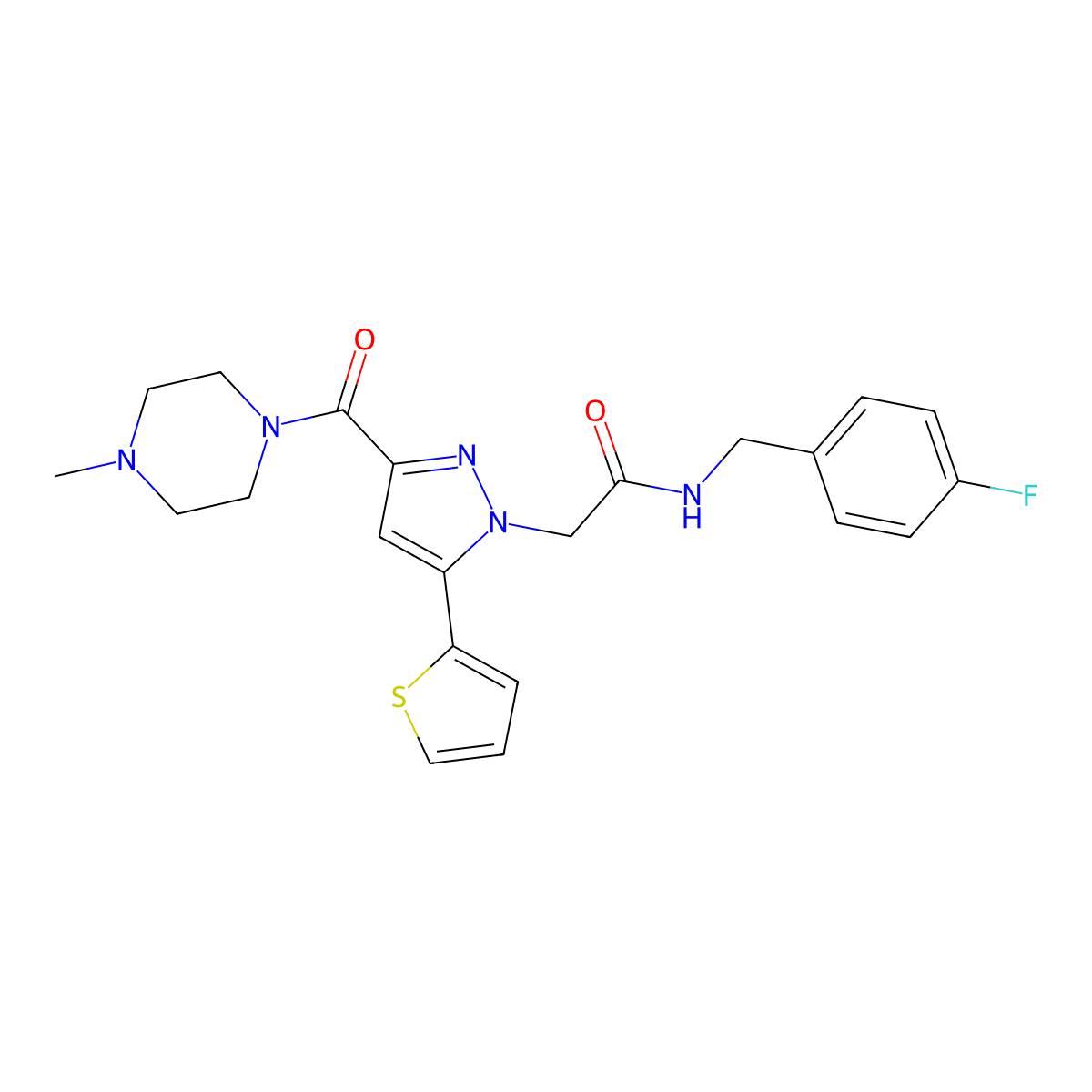 N-(4-fluorobenzyl)-2-(3-(4-methylpiperazine-1-carbonyl)-5-(thiophen-2-yl)-1H-pyrazol-1-yl)acetamide molecular structure, CAS 1172521-68-4