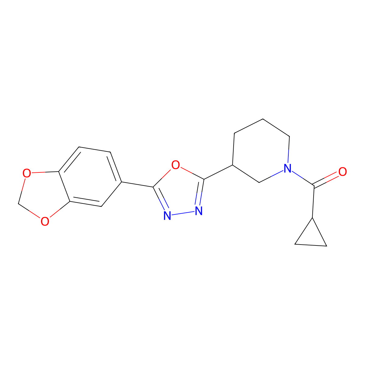 (3-(5-(Benzo[d][1,3]dioxol-5-yl)-1,3,4-oxadiazol-2-yl)piperidin-1-yl)(cyclopropyl)methanone molecular structure, CAS 1172522-24-5