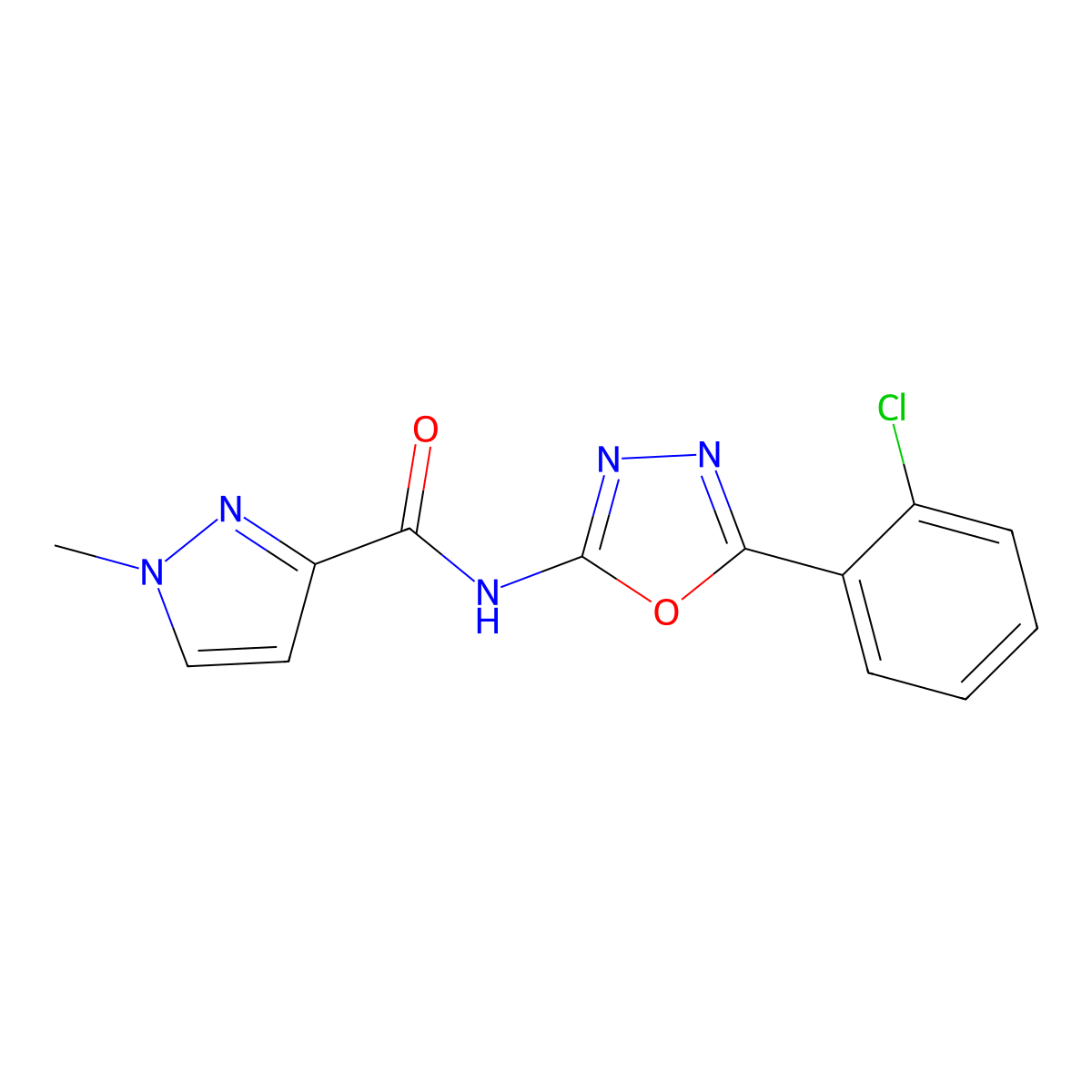 N-(5-(2-chlorophenyl)-1,3,4-oxadiazol-2-yl)-1-methyl-1H-pyrazole-3-carboxamide molecular structure, CAS 1172522-51-8