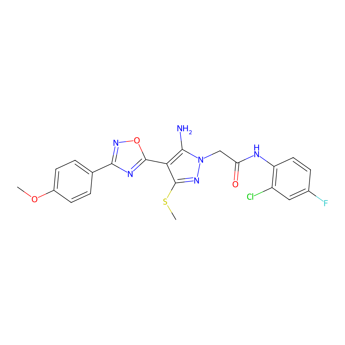 2-{5-amino-4-[3-(4-methoxyphenyl)-1,2,4-oxadiazol-5-yl]-3-(methylsulfanyl)-1H-pyrazol-1-yl}-N-(2-chloro-4-fluorophenyl)acetamide molecular structure, CAS 1172523-37-3