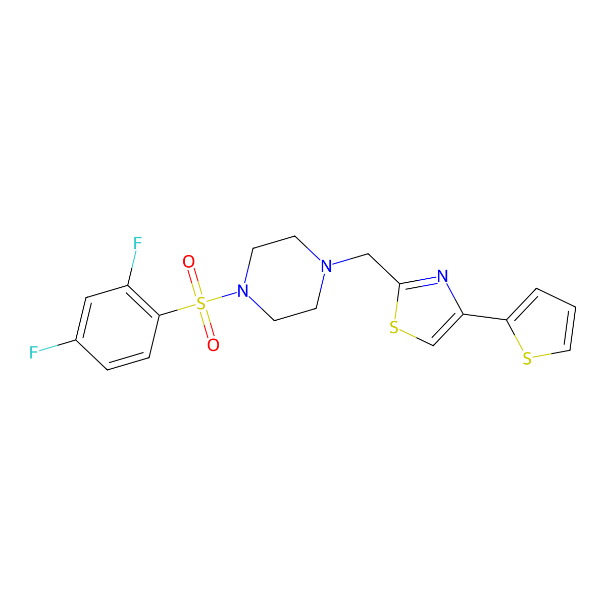 2-((4-((2,4-Difluorophenyl)sulfonyl)piperazin-1-yl)methyl)-4-(thiophen-2-yl)thiazole molecular structure, CAS 1172526-28-1