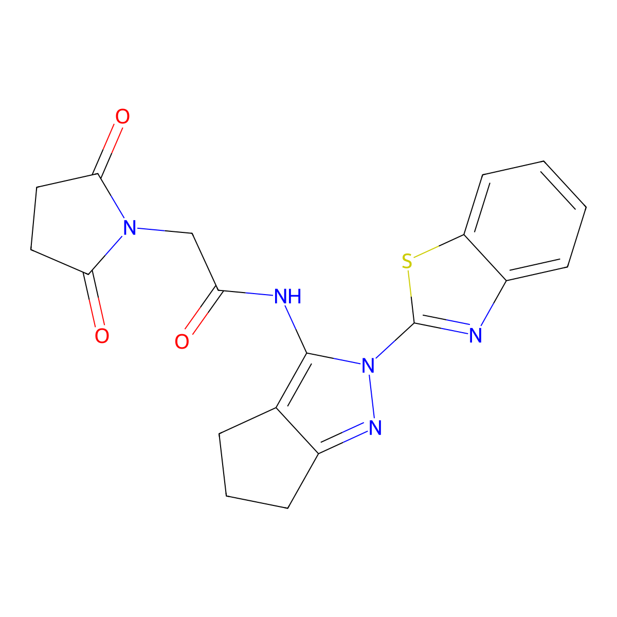 N-(2-(benzo[d]thiazol-2-yl)-2,4,5,6-tetrahydrocyclopenta[c]pyrazol-3-yl)-2-(2,5-dioxopyrrolidin-1-yl)acetamide molecular structure, CAS 1172526-39-4