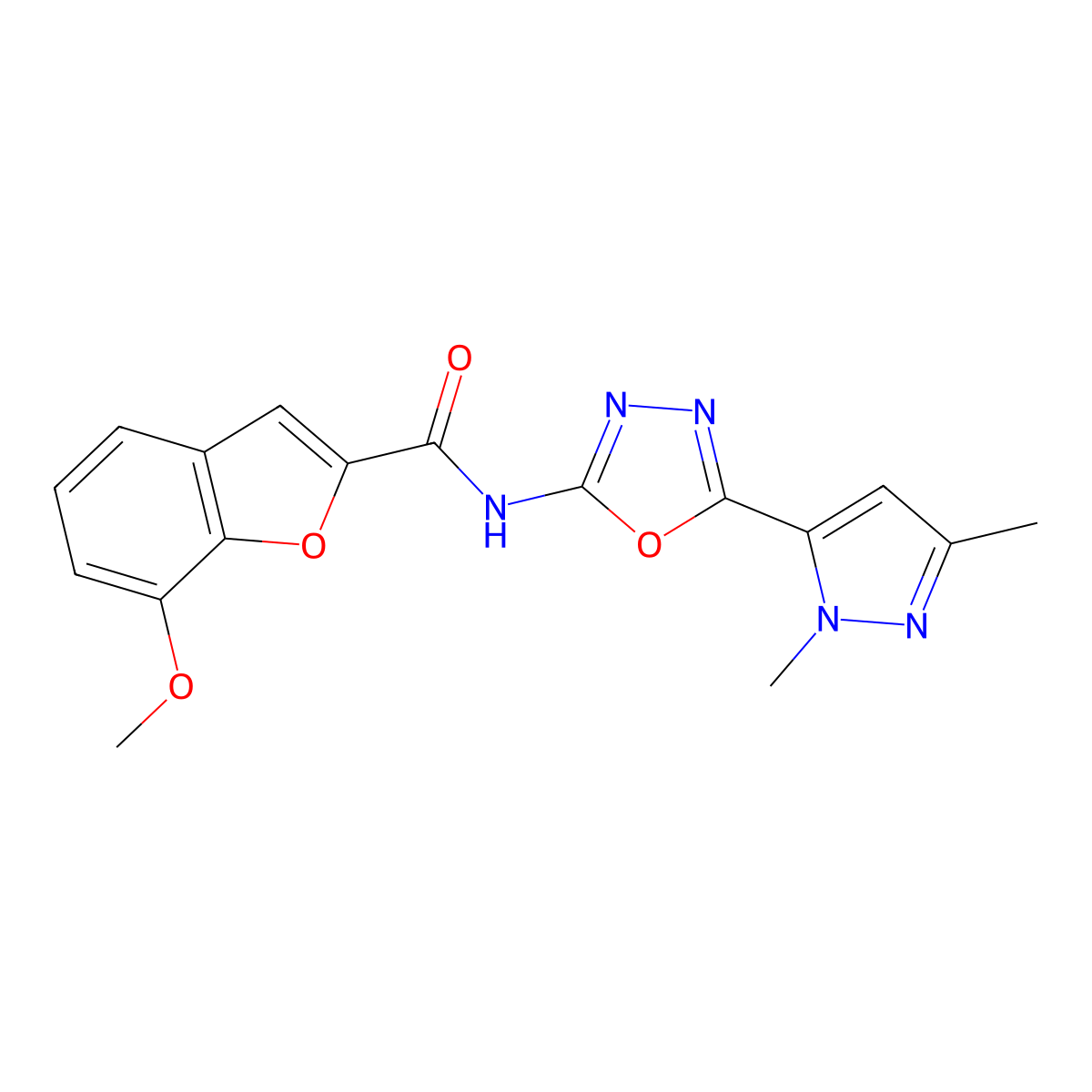 N-[5-(1,3-dimethyl-1H-pyrazol-5-yl)-1,3,4-oxadiazol-2-yl]-7-methoxy-1-benzofuran-2-carboxamide molecular structure, CAS 1172532-17-0