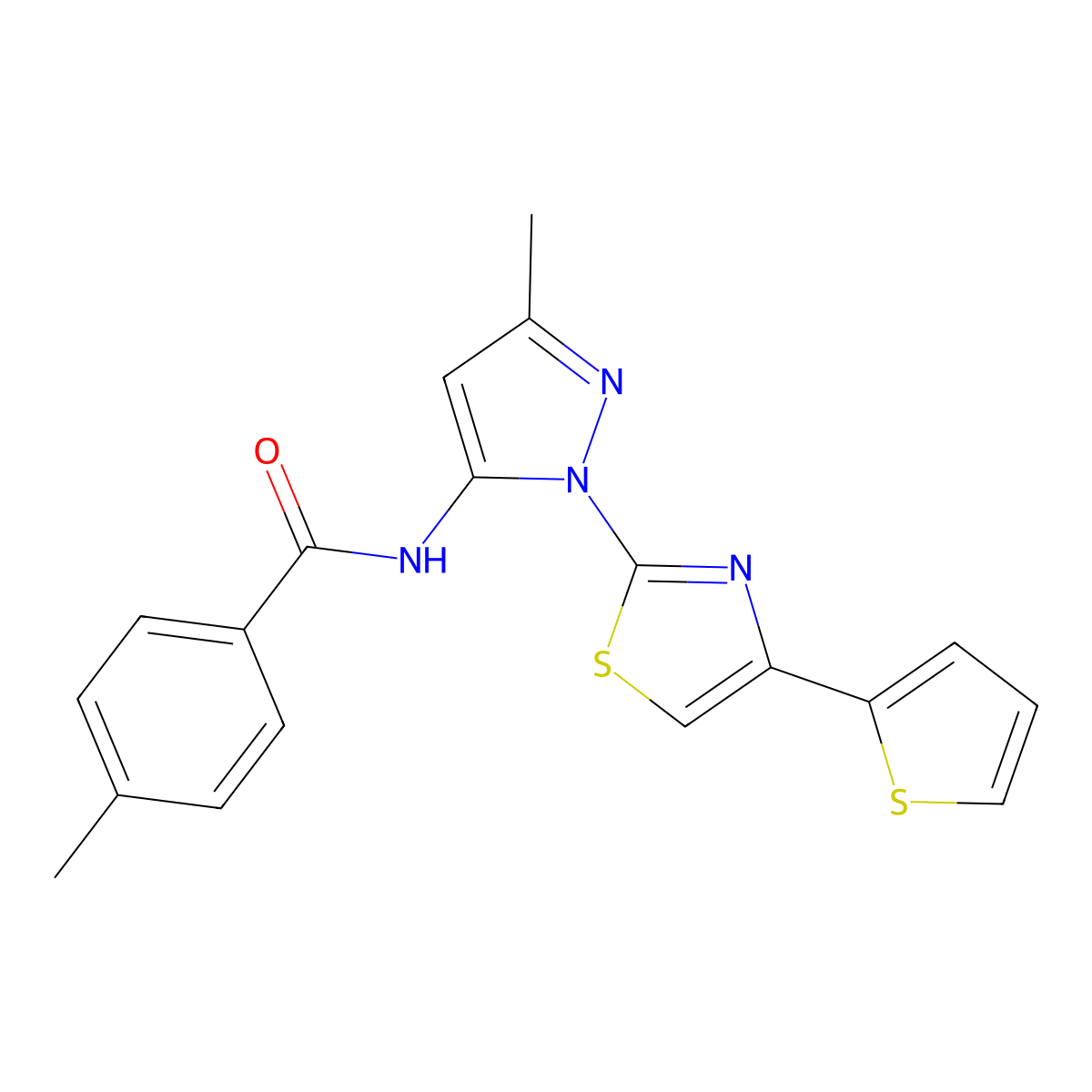 4-methyl-N-(3-methyl-1-(4-(thiophen-2-yl)thiazol-2-yl)-1H-pyrazol-5-yl)benzamide molecular structure, CAS 1172532-41-0
