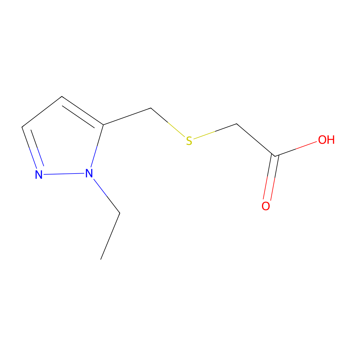 2-(((1-Ethyl-1H-pyrazol-5-yl)methyl)thio)acetic acid molecular structure, CAS 1172533-68-4