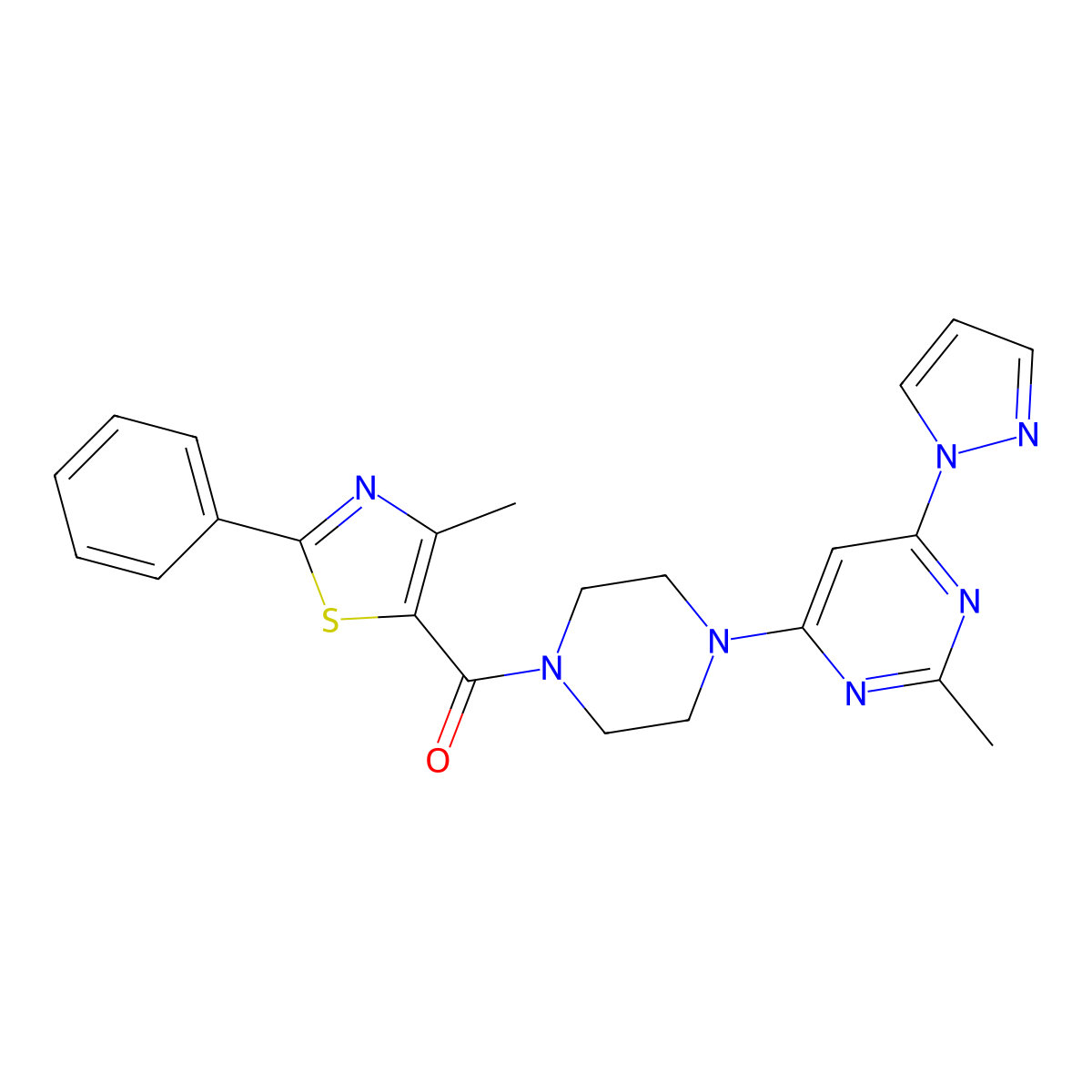 (4-methyl-2-phenylthiazol-5-yl)(4-(2-methyl-6-(1H-pyrazol-1-yl)pyrimidin-4-yl)piperazin-1-yl)methanone molecular structure, CAS 1172536-50-3