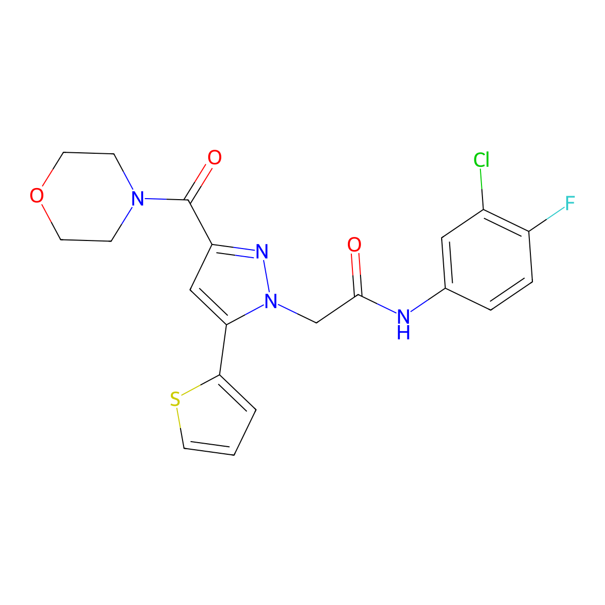 N-(3-chloro-4-fluorophenyl)-2-(3-(morpholine-4-carbonyl)-5-(thiophen-2-yl)-1H-pyrazol-1-yl)acetamide molecular structure, CAS 1172540-29-2
