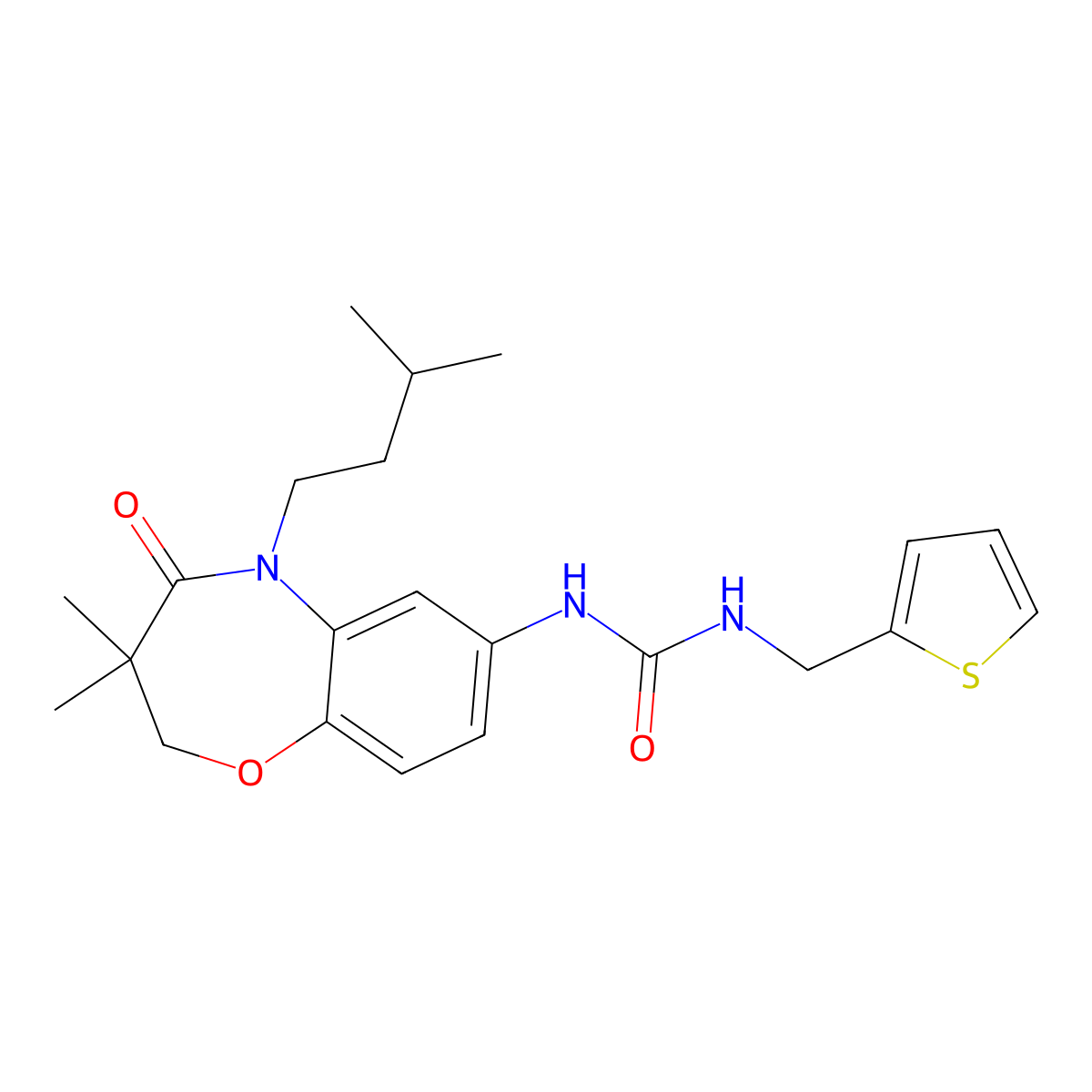 1-(5-Isopentyl-3,3-dimethyl-4-oxo-2,3,4,5-tetrahydrobenzo[b][1,4]oxazepin-7-yl)-3-(thiophen-2-ylmethyl)urea molecular structure, CAS 1172541-89-7