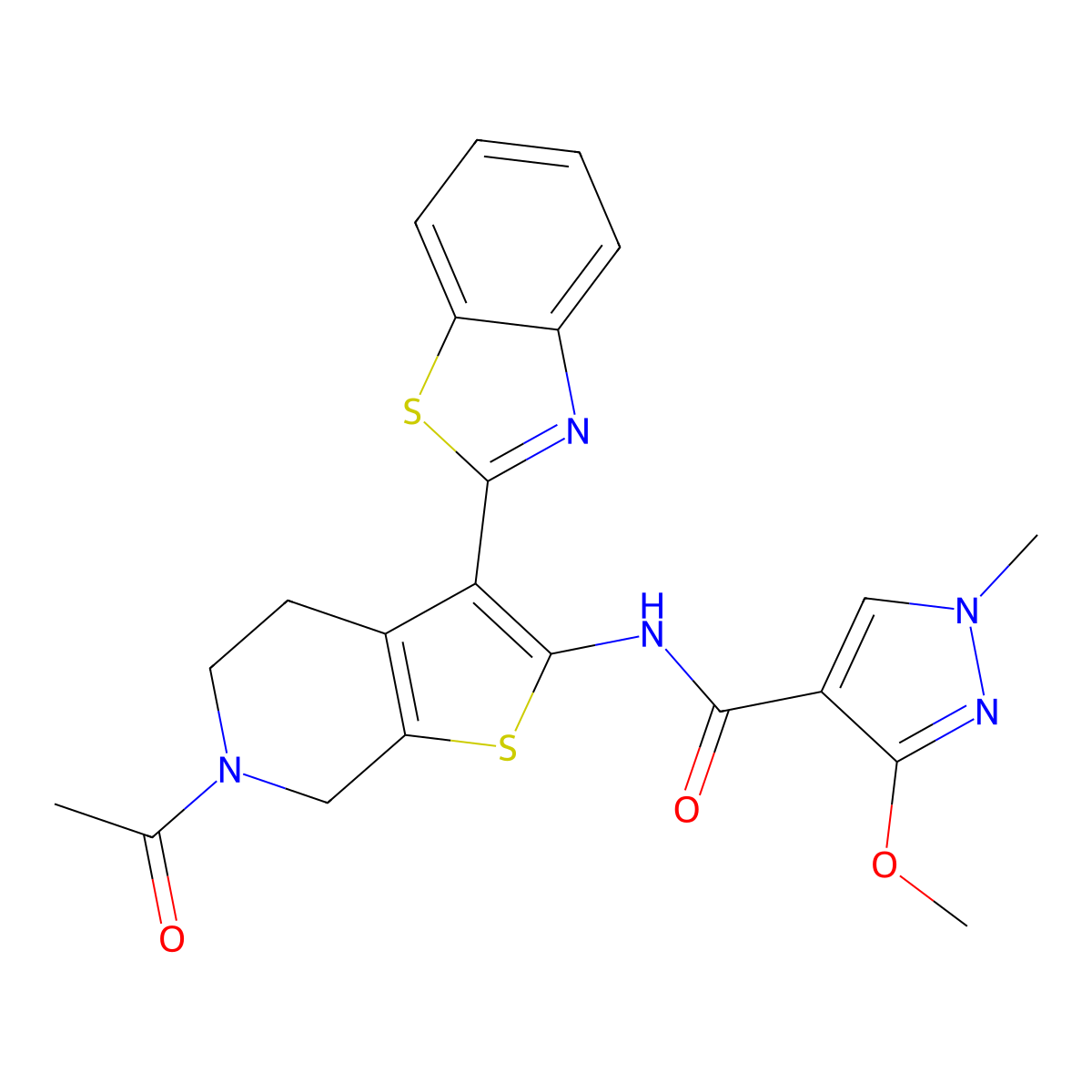 N-(6-acetyl-3-(benzo[d]thiazol-2-yl)-4,5,6,7-tetrahydrothieno[2,3-c]pyridin-2-yl)-3-methoxy-1-methyl-1H-pyrazole-4-carboxamide molecular structure, CAS 1172542-26-5