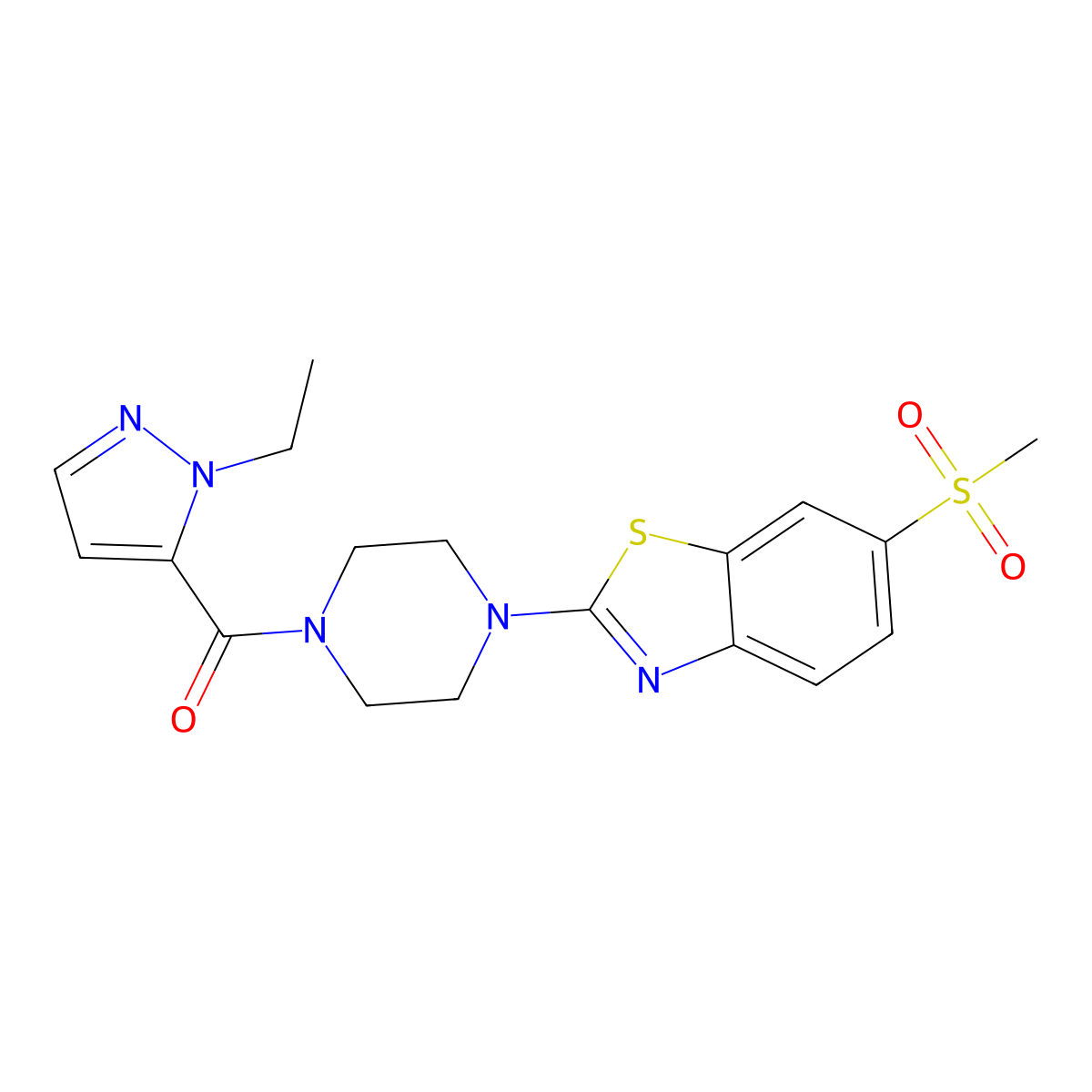 (1-ethyl-1H-pyrazol-5-yl)(4-(6-(methylsulfonyl)benzo[d]thiazol-2-yl)piperazin-1-yl)methanone molecular structure, CAS 1172542-50-5
