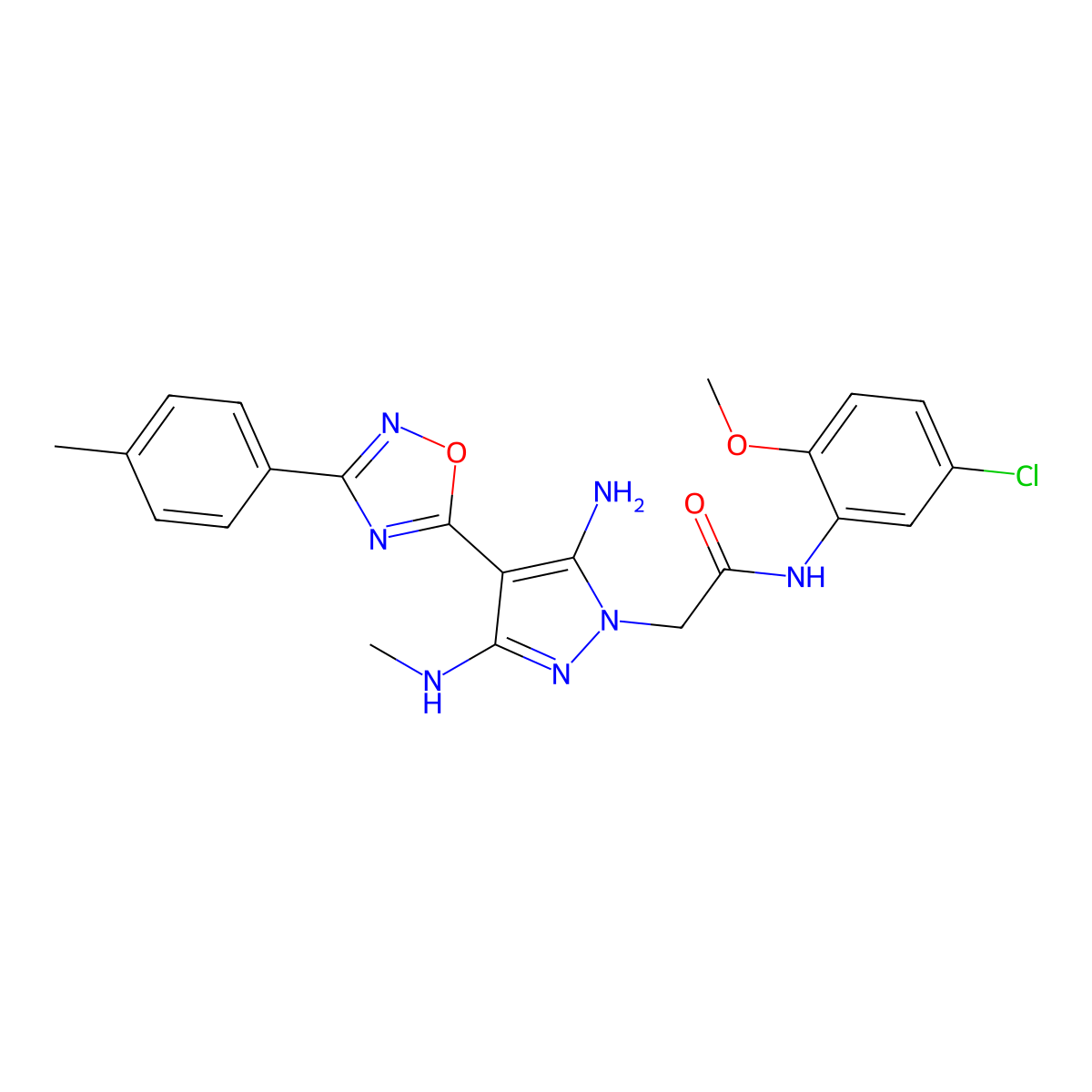 2-[5-amino-3-(methylamino)-4-[3-(4-methylphenyl)-1,2,4-oxadiazol-5-yl]-1H-pyrazol-1-yl]-N-(5-chloro-2-methoxyphenyl)acetamide molecular structure, CAS 1172543-69-9