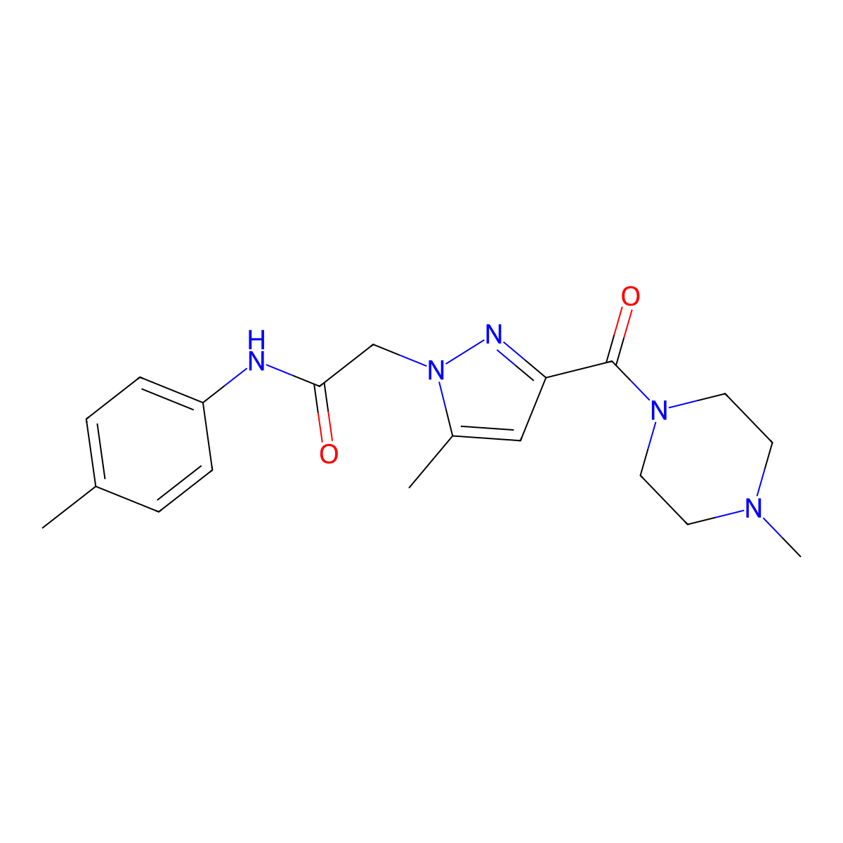 2-(5-methyl-3-(4-methylpiperazine-1-carbonyl)-1H-pyrazol-1-yl)-N-(p-tolyl)acetamide molecular structure, CAS 1172544-79-4