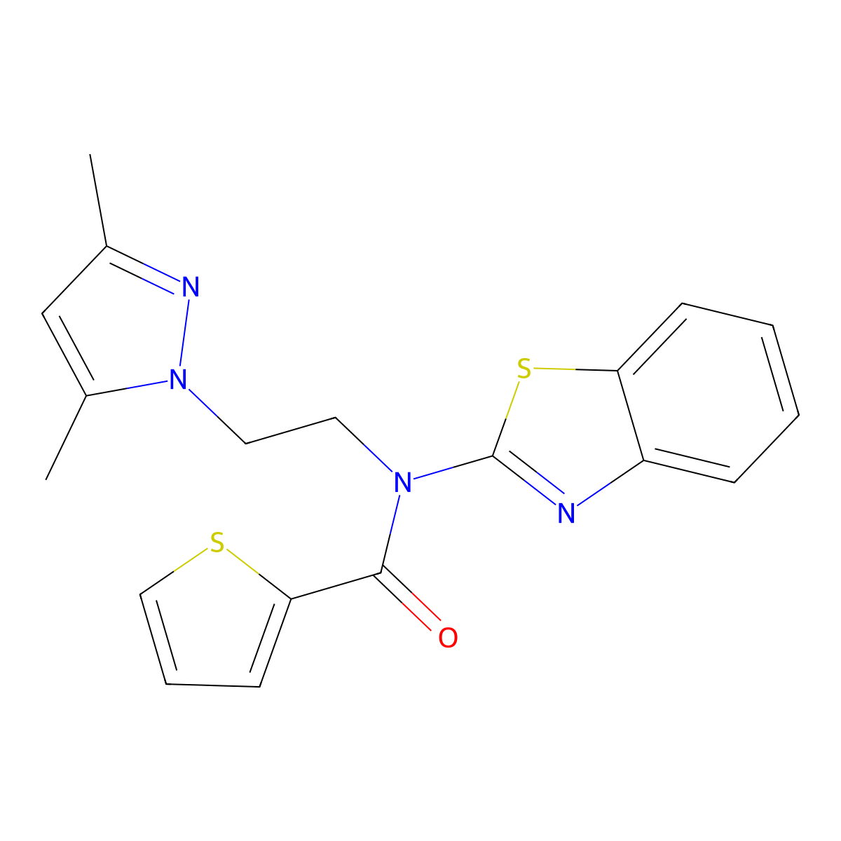 N-(benzo[d]thiazol-2-yl)-N-(2-(3,5-dimethyl-1H-pyrazol-1-yl)ethyl)thiophene-2-carboxamide molecular structure, CAS 1172545-13-9