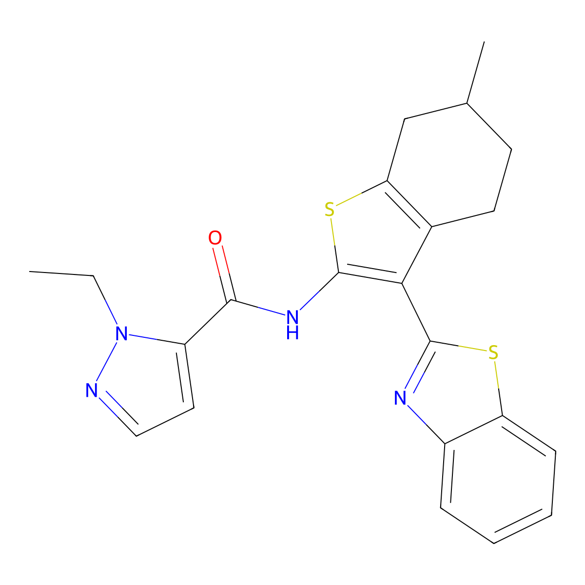N-(3-(benzo[d]thiazol-2-yl)-6-methyl-4,5,6,7-tetrahydrobenzo[b]thiophen-2-yl)-1-ethyl-1H-pyrazole-5-carboxamide molecular structure, CAS 1172547-01-1