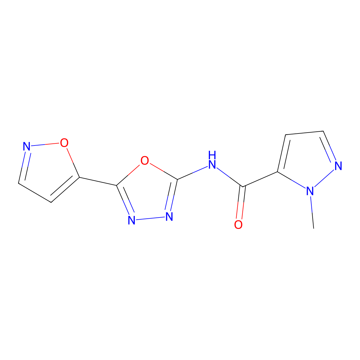 N-(5-(isoxazol-5-yl)-1,3,4-oxadiazol-2-yl)-1-methyl-1H-pyrazole-5-carboxamide molecular structure, CAS 1172548-76-3