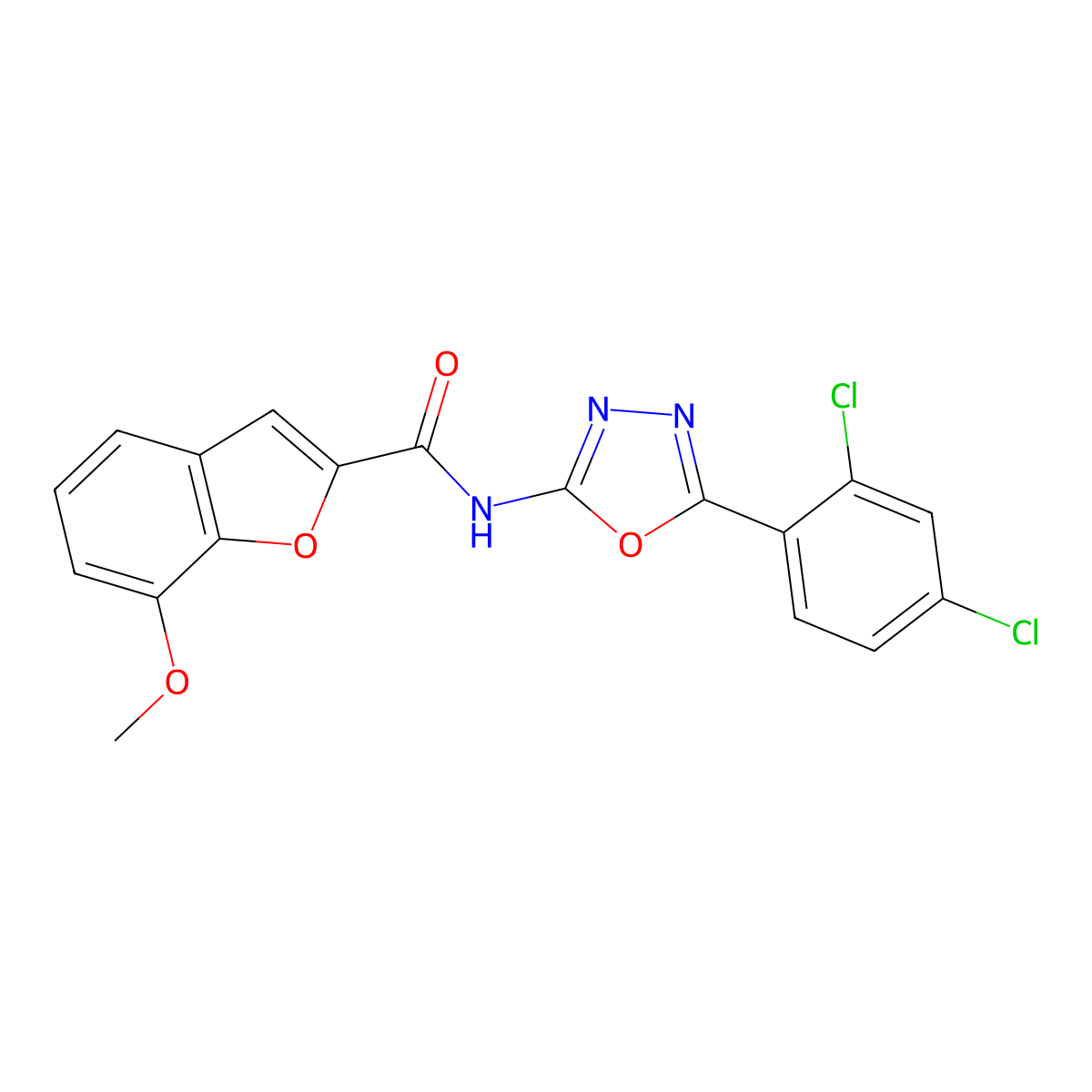 N-[5-(2,4-dichlorophenyl)-1,3,4-oxadiazol-2-yl]-7-methoxy-1-benzofuran-2-carboxamide molecular structure, CAS 1172551-31-3
