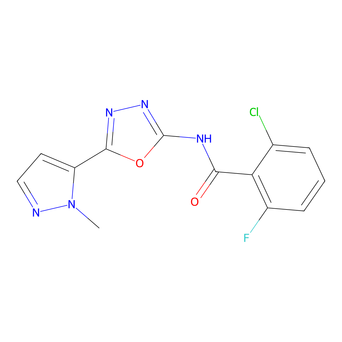 2-chloro-6-fluoro-N-(5-(1-methyl-1H-pyrazol-5-yl)-1,3,4-oxadiazol-2-yl)benzamide molecular structure, CAS 1172551-45-9