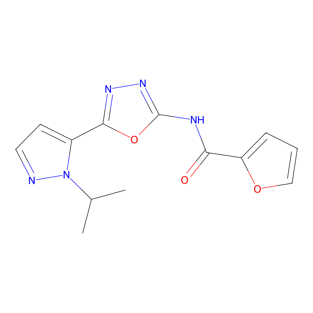 N-(5-(1-isopropyl-1H-pyrazol-5-yl)-1,3,4-oxadiazol-2-yl)furan-2-carboxamide molecular structure, CAS 1172552-39-4
