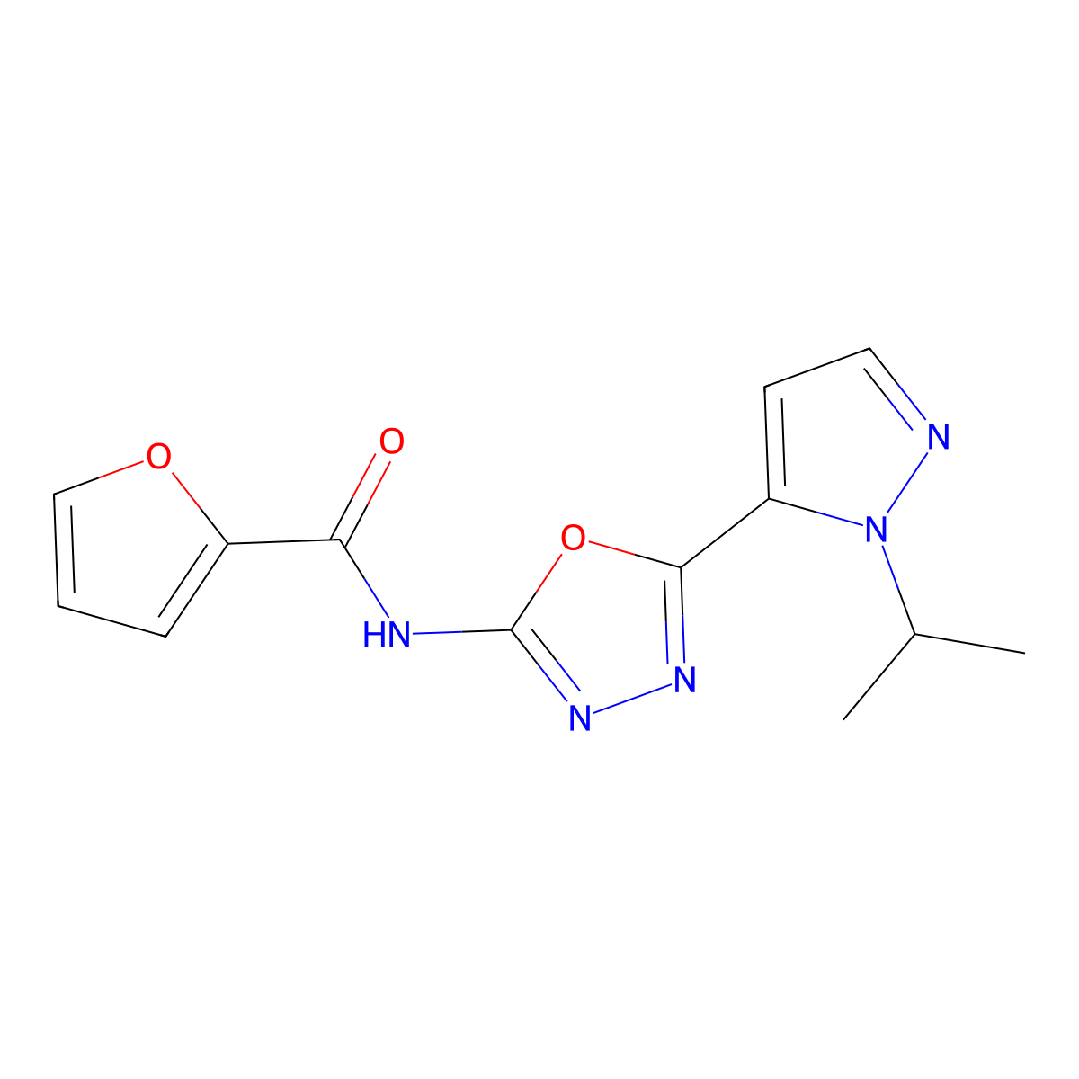 N-(5-(1-isopropyl-1H-pyrazol-5-yl)-1,3,4-oxadiazol-2-yl)furan-2-carboxamide molecular structure, CAS 1172552-39-4