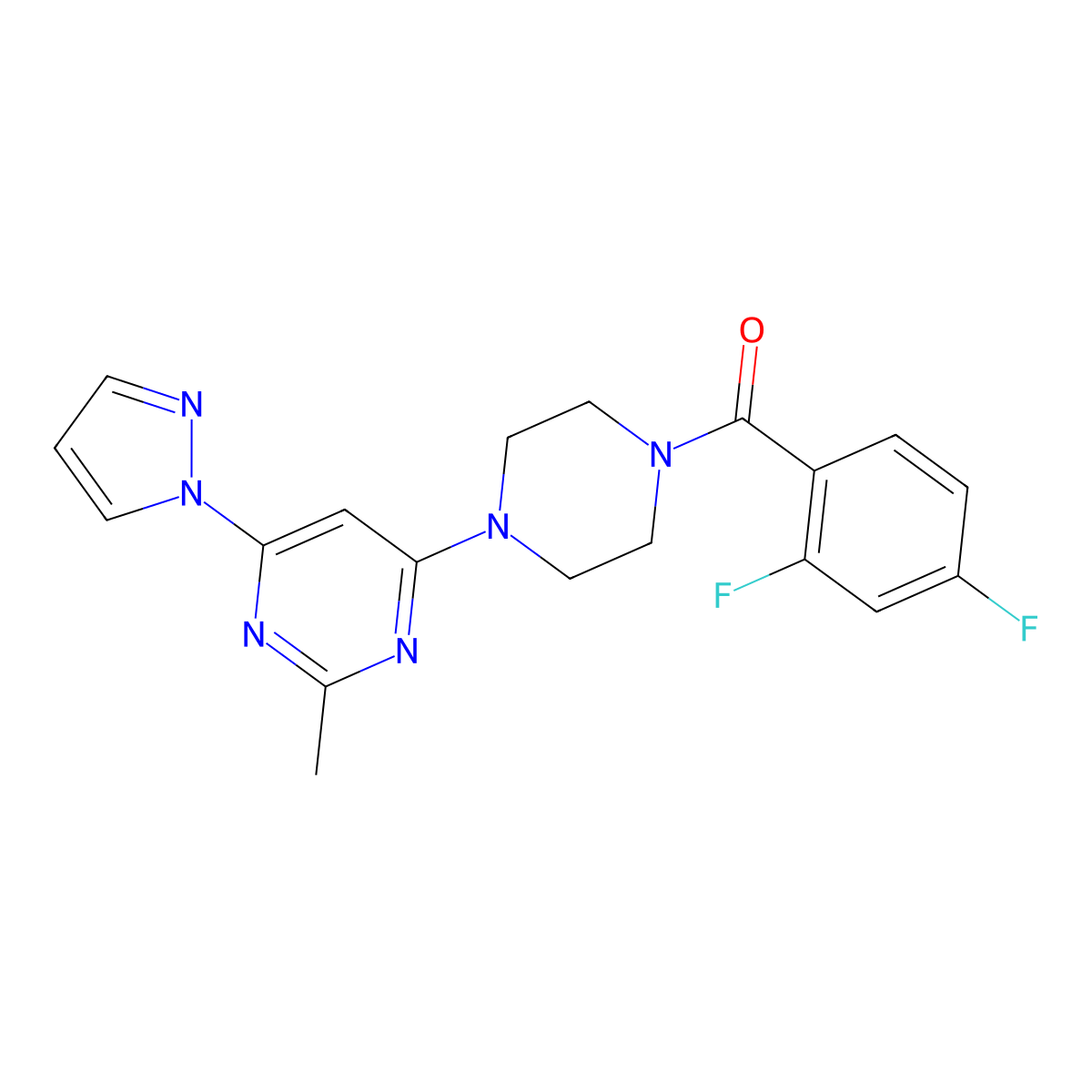 (2,4-difluorophenyl)(4-(2-methyl-6-(1H-pyrazol-1-yl)pyrimidin-4-yl)piperazin-1-yl)methanone molecular structure, CAS 1172552-91-8