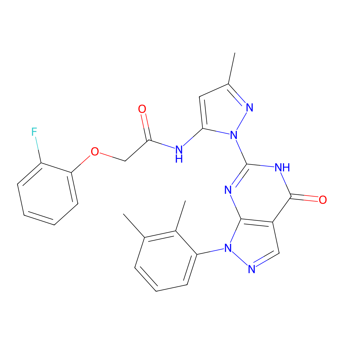 N-(1-(1-(2,3-dimethylphenyl)-4-oxo-4,5-dihydro-1H-pyrazolo[3,4-d]pyrimidin-6-yl)-3-methyl-1H-pyrazol-5-yl)-2-(2-fluorophenoxy)acetamide molecular structure, CAS 1172554-87-8
