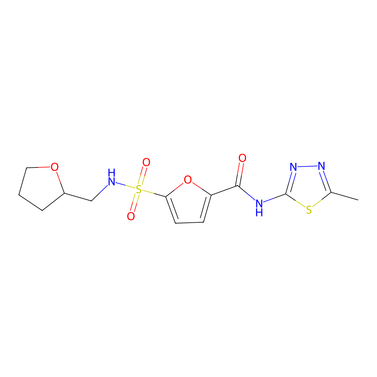 N-(5-methyl-1,3,4-thiadiazol-2-yl)-5-(N-((tetrahydrofuran-2-yl)methyl)sulfamoyl)furan-2-carboxamide molecular structure, CAS 1172555-78-0