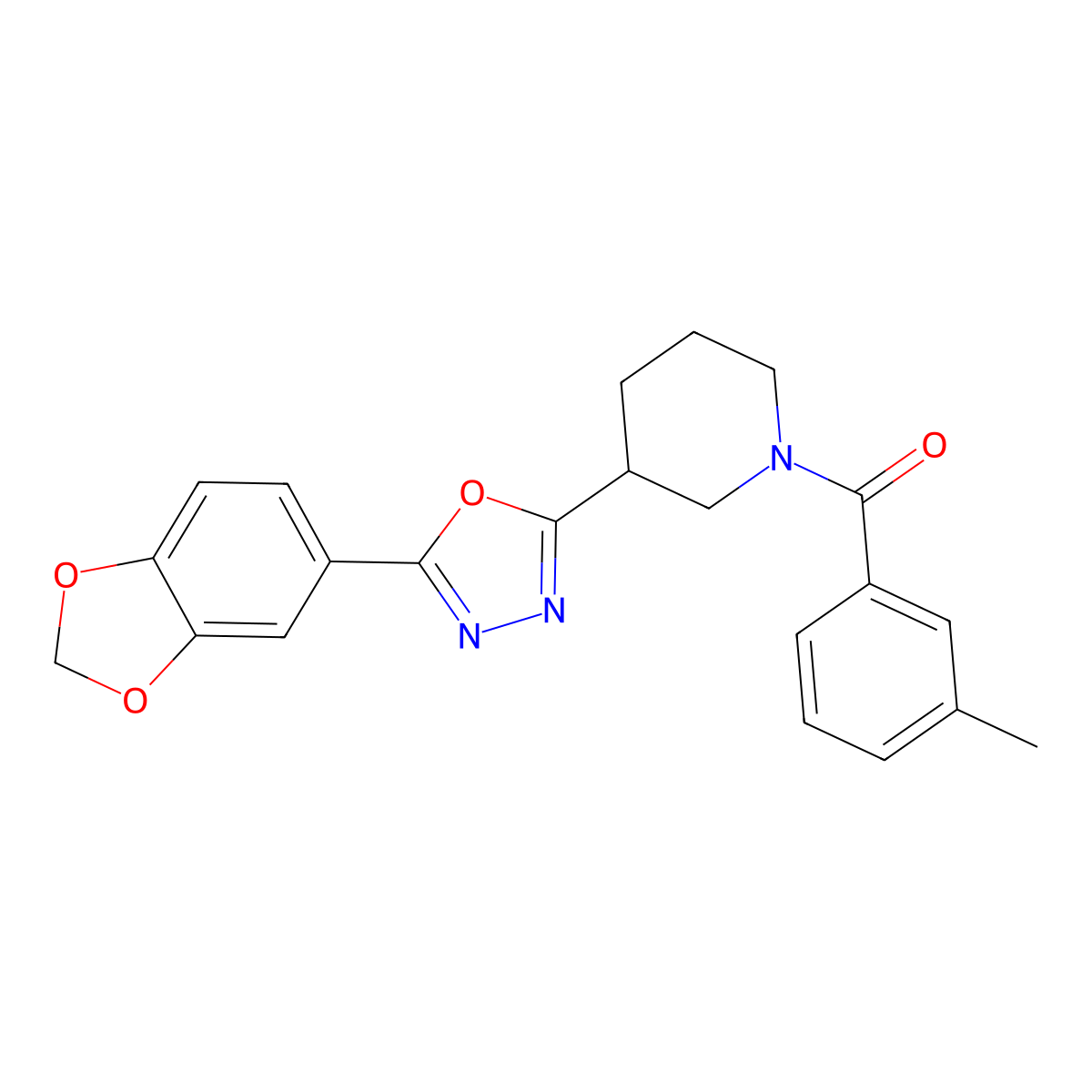 (3-(5-(Benzo[d][1,3]dioxol-5-yl)-1,3,4-oxadiazol-2-yl)piperidin-1-yl)(m-tolyl)methanone molecular structure, CAS 1172555-91-7