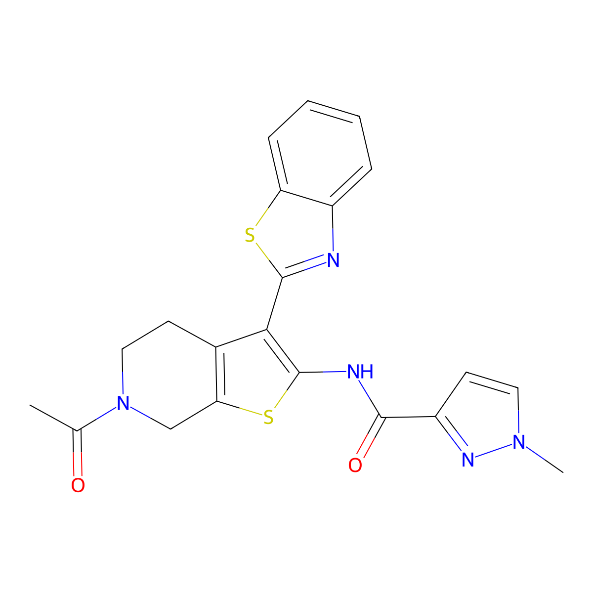 N-(6-acetyl-3-(benzo[d]thiazol-2-yl)-4,5,6,7-tetrahydrothieno[2,3-c]pyridin-2-yl)-1-methyl-1H-pyrazole-3-carboxamide molecular structure, CAS 1172556-20-5