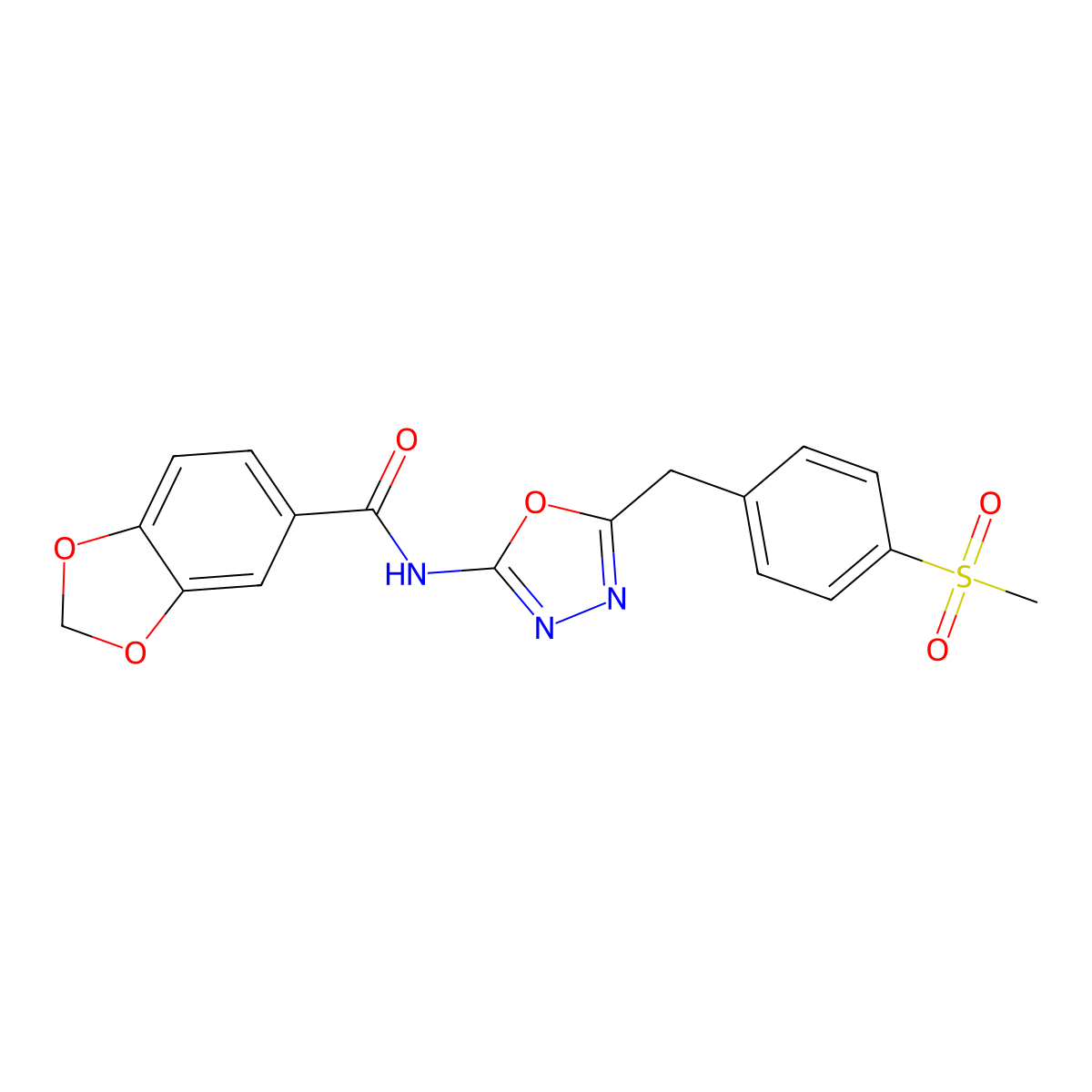 N-(5-(4-(methylsulfonyl)benzyl)-1,3,4-oxadiazol-2-yl)benzo[d][1,3]dioxole-5-carboxamide molecular structure, CAS 1172558-21-2