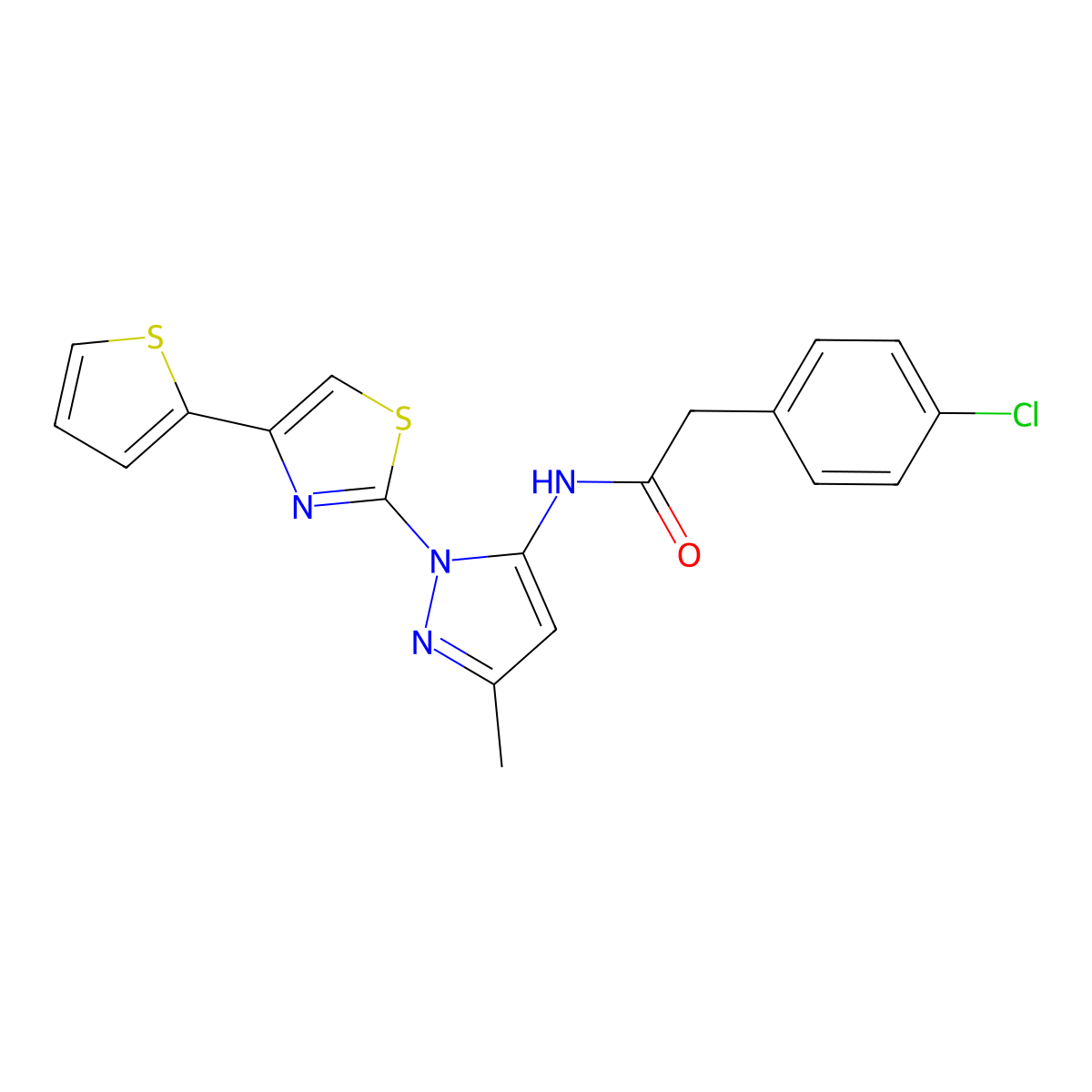 2-(4-chlorophenyl)-N-(3-methyl-1-(4-(thiophen-2-yl)thiazol-2-yl)-1H-pyrazol-5-yl)acetamide molecular structure, CAS 1172559-76-0