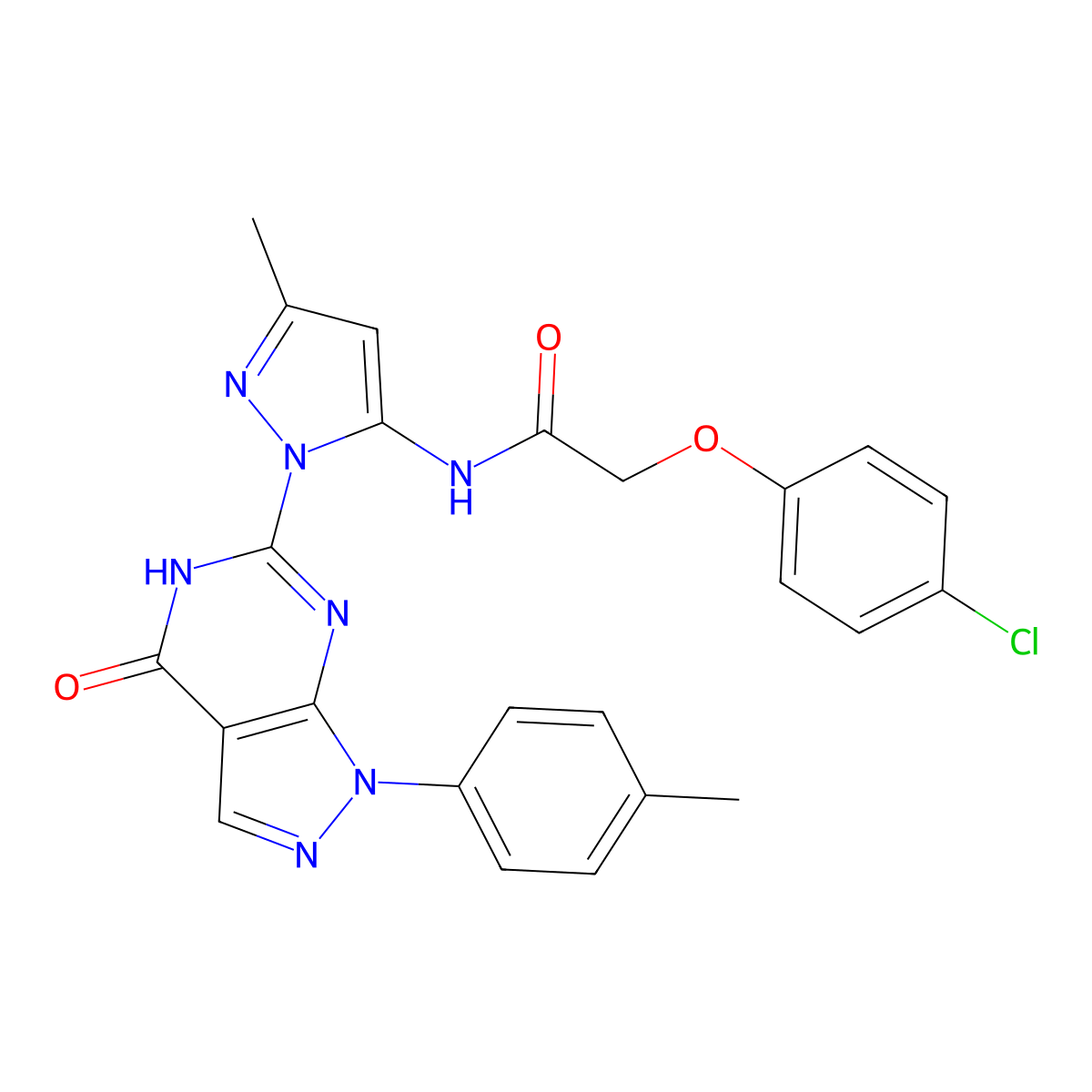 2-(4-chlorophenoxy)-N-(3-methyl-1-(4-oxo-1-(p-tolyl)-4,5-dihydro-1H-pyrazolo[3,4-d]pyrimidin-6-yl)-1H-pyrazol-5-yl)acetamide molecular structure, CAS 1172563-21-1