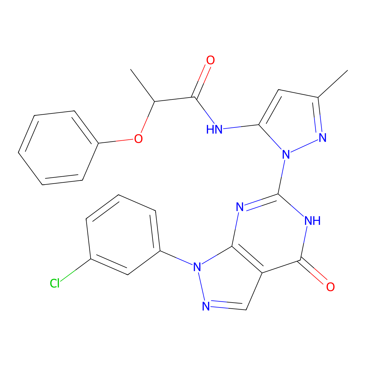 N-(1-(1-(3-chlorophenyl)-4-oxo-4,5-dihydro-1H-pyrazolo[3,4-d]pyrimidin-6-yl)-3-methyl-1H-pyrazol-5-yl)-2-phenoxypropanamide molecular structure, CAS 1172564-23-6