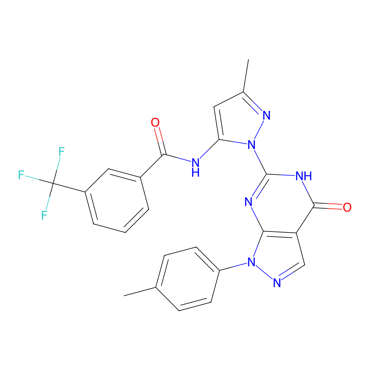N-(3-methyl-1-(4-oxo-1-(p-tolyl)-4,5-dihydro-1H-pyrazolo[3,4-d]pyrimidin-6-yl)-1H-pyrazol-5-yl)-3-(trifluoromethyl)benzamide molecular structure, CAS 1172565-27-3