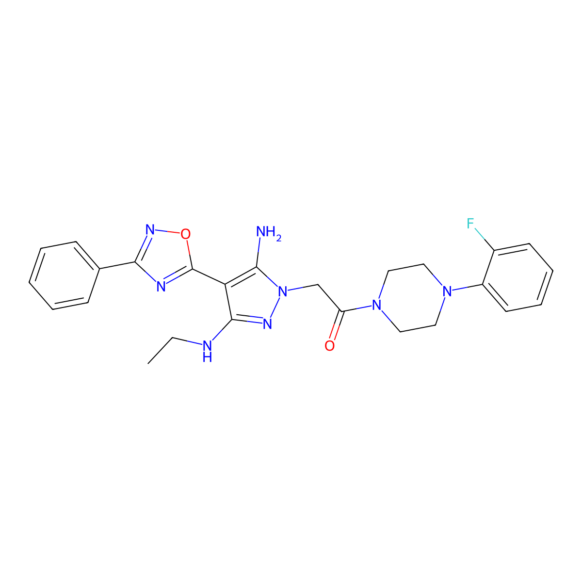 2-(5-amino-3-(ethylamino)-4-(3-phenyl-1,2,4-oxadiazol-5-yl)-1H-pyrazol-1-yl)-1-(4-(2-fluorophenyl)piperazin-1-yl)ethanone molecular structure, CAS 1172565-62-6