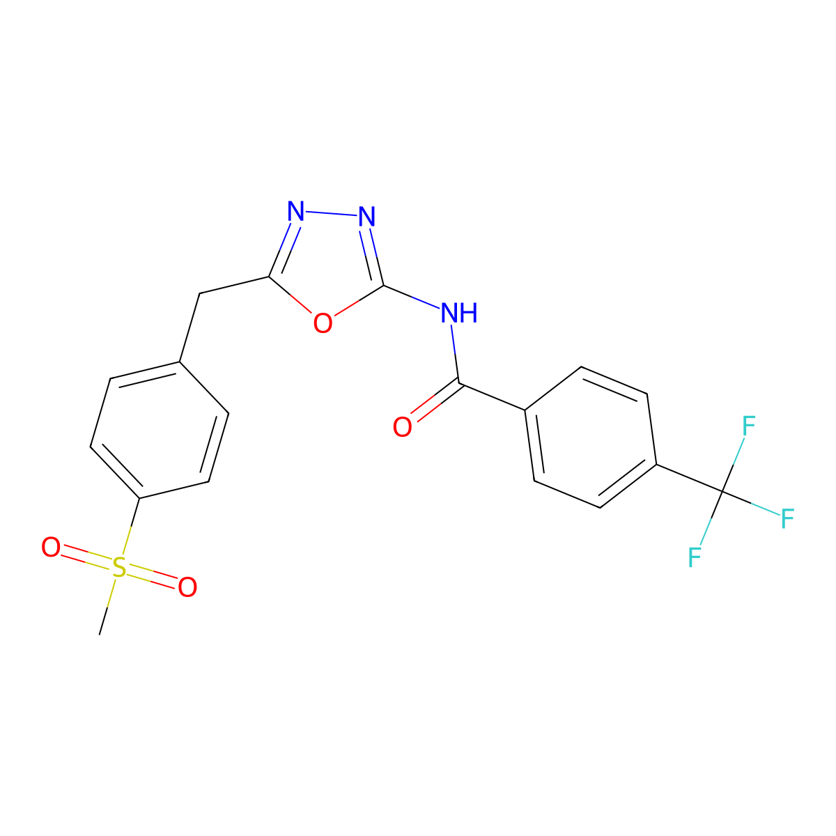 N-(5-(4-(methylsulfonyl)benzyl)-1,3,4-oxadiazol-2-yl)-4-(trifluoromethyl)benzamide molecular structure, CAS 1172567-48-4