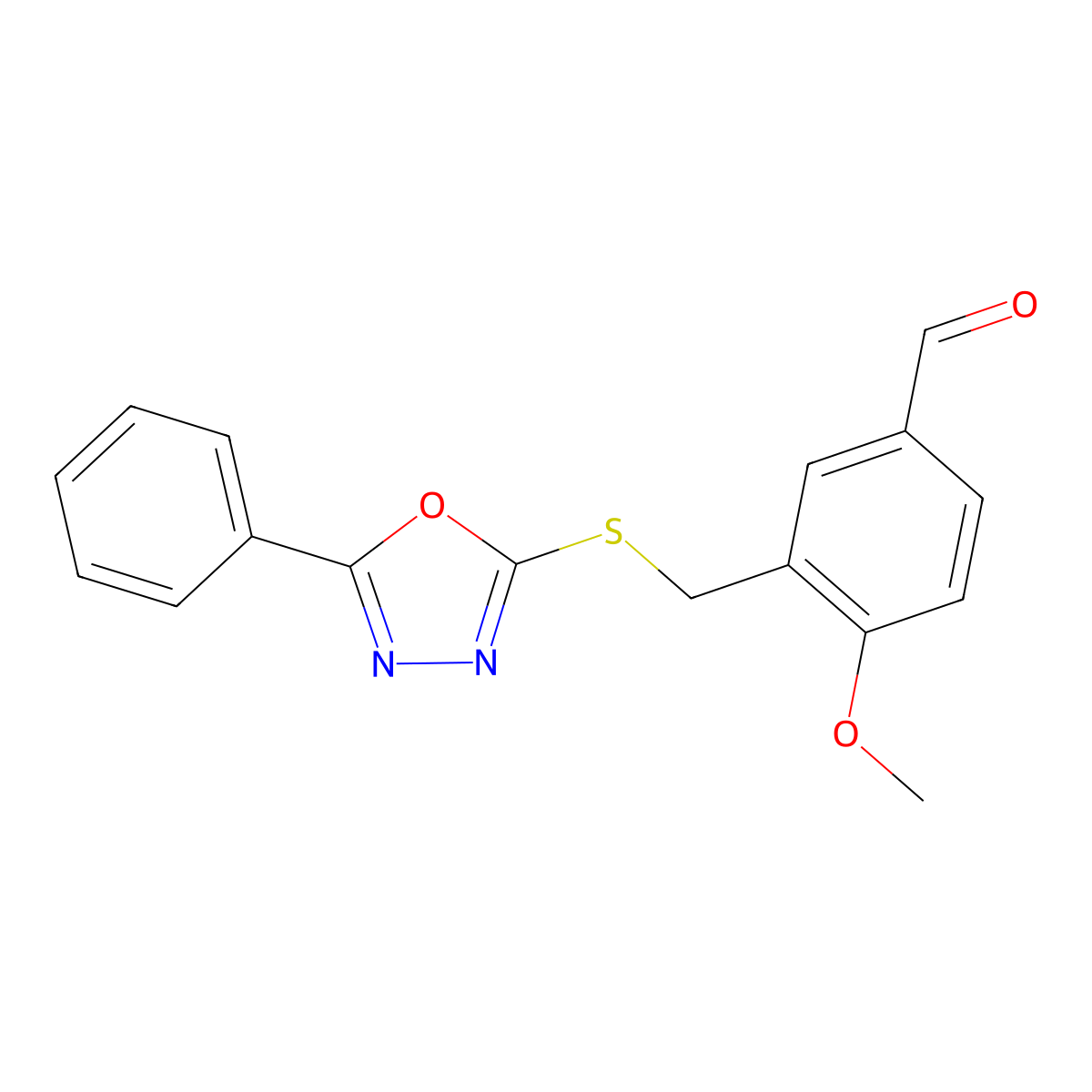 4-Methoxy-3-{[(5-phenyl-1,3,4-oxadiazol-2-yl)thio]methyl}benzaldehyde molecular structure, CAS 1172568-89-6