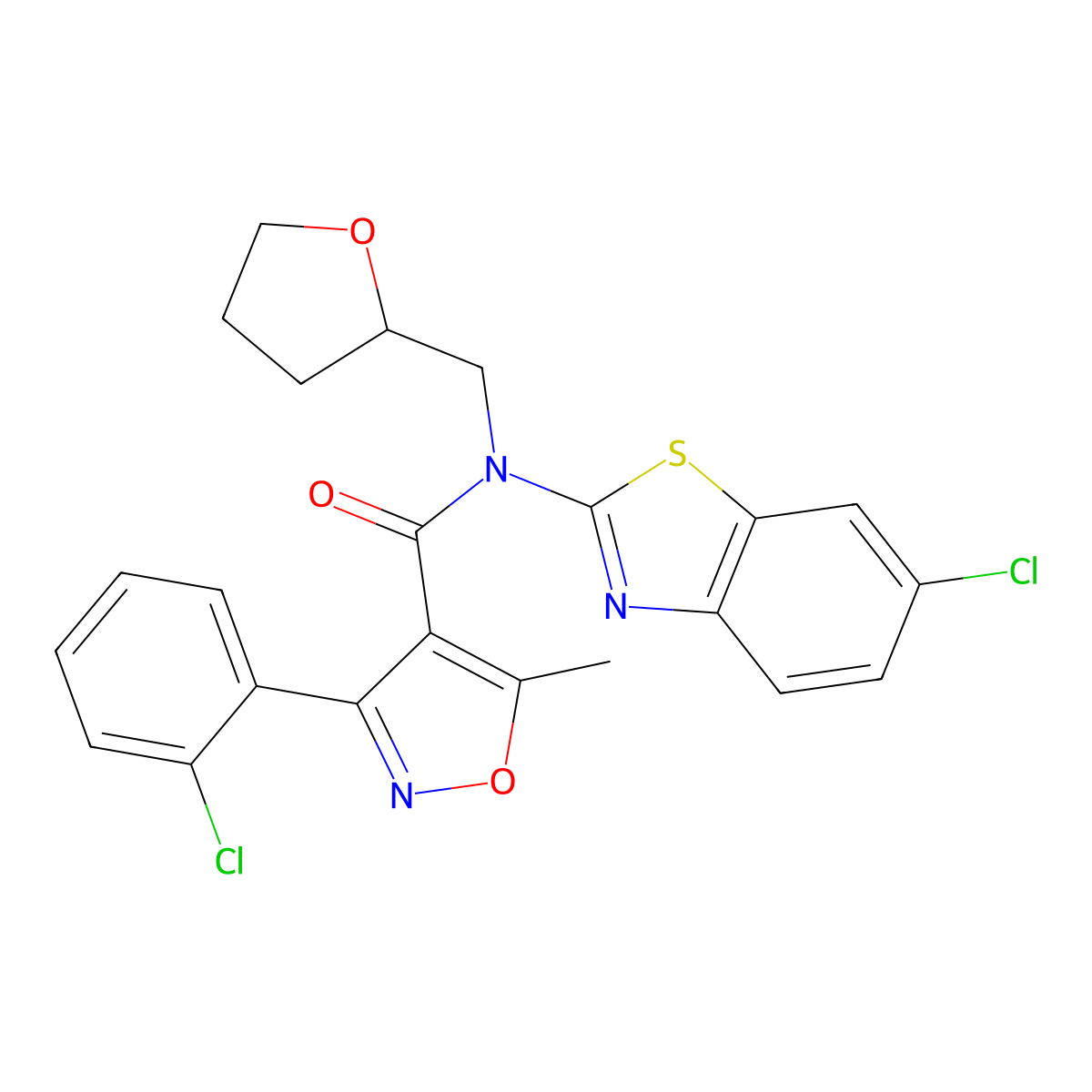 N-(6-chlorobenzo[d]thiazol-2-yl)-3-(2-chlorophenyl)-5-methyl-N-((tetrahydrofuran-2-yl)methyl)isoxazole-4-carboxamide molecular structure, CAS 1172569-80-0