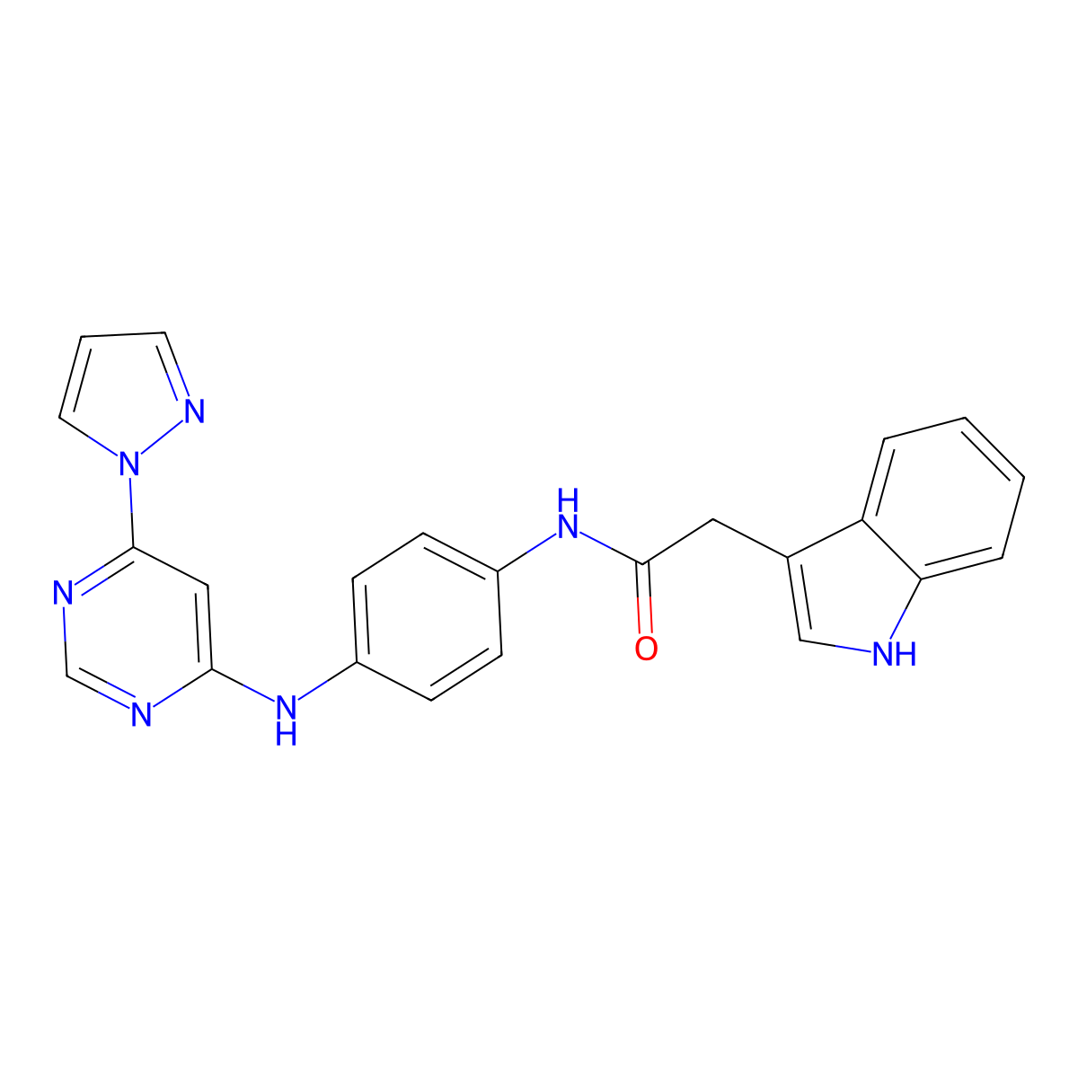 N-(4-((6-(1H-pyrazol-1-yl)pyrimidin-4-yl)amino)phenyl)-2-(1H-indol-3-yl)acetamide molecular structure, CAS 1172569-90-2