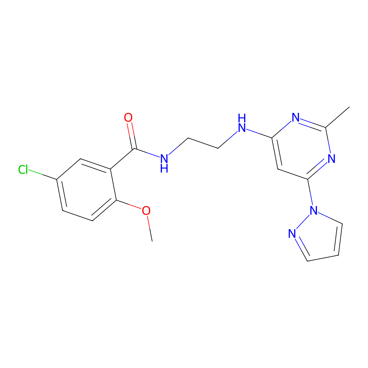 5-chloro-2-methoxy-N-(2-((2-methyl-6-(1H-pyrazol-1-yl)pyrimidin-4-yl)amino)ethyl)benzamide molecular structure, CAS 1172571-03-7