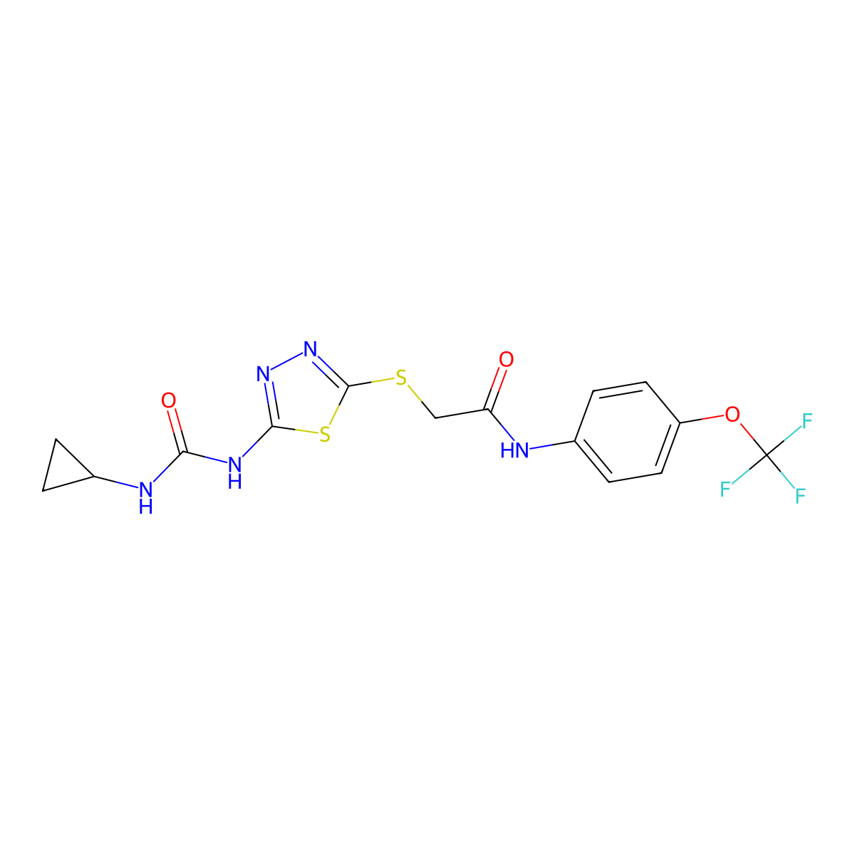 2-((5-(3-cyclopropylureido)-1,3,4-thiadiazol-2-yl)thio)-N-(4-(trifluoromethoxy)phenyl)acetamide molecular structure, CAS 1172572-16-5