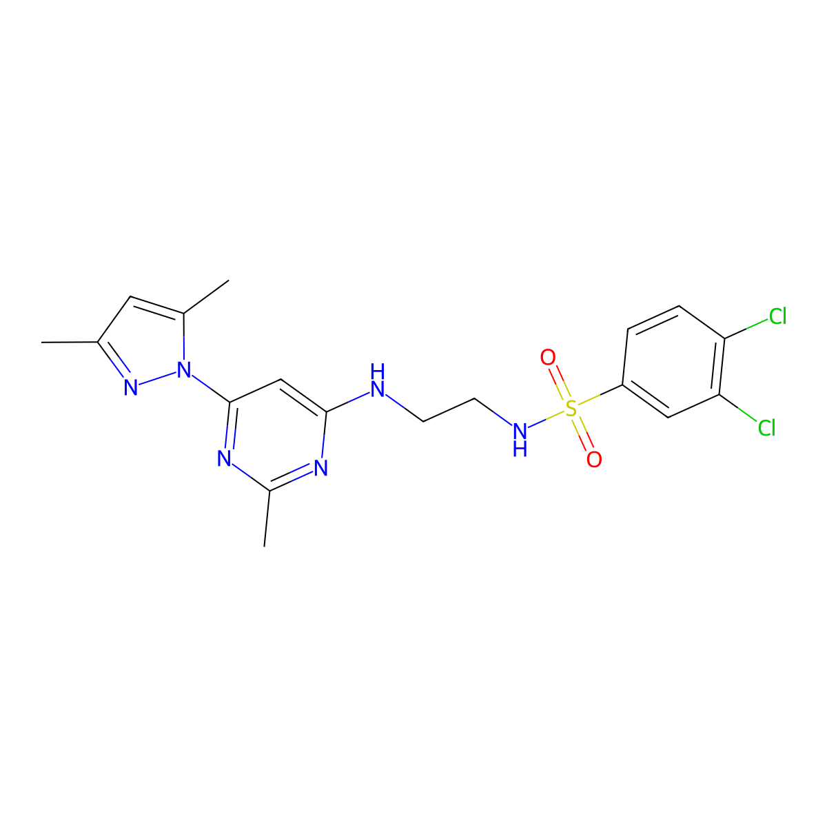 3,4-dichloro-N-(2-((6-(3,5-dimethyl-1H-pyrazol-1-yl)-2-methylpyrimidin-4-yl)amino)ethyl)benzenesulfonamide molecular structure, CAS 1172572-25-6