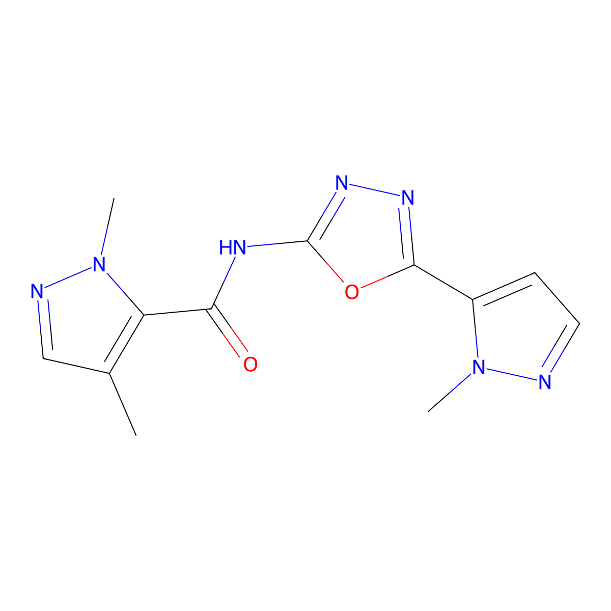 1,4-dimethyl-N-(5-(1-methyl-1H-pyrazol-5-yl)-1,3,4-oxadiazol-2-yl)-1H-pyrazole-5-carboxamide molecular structure, CAS 1172573-89-5