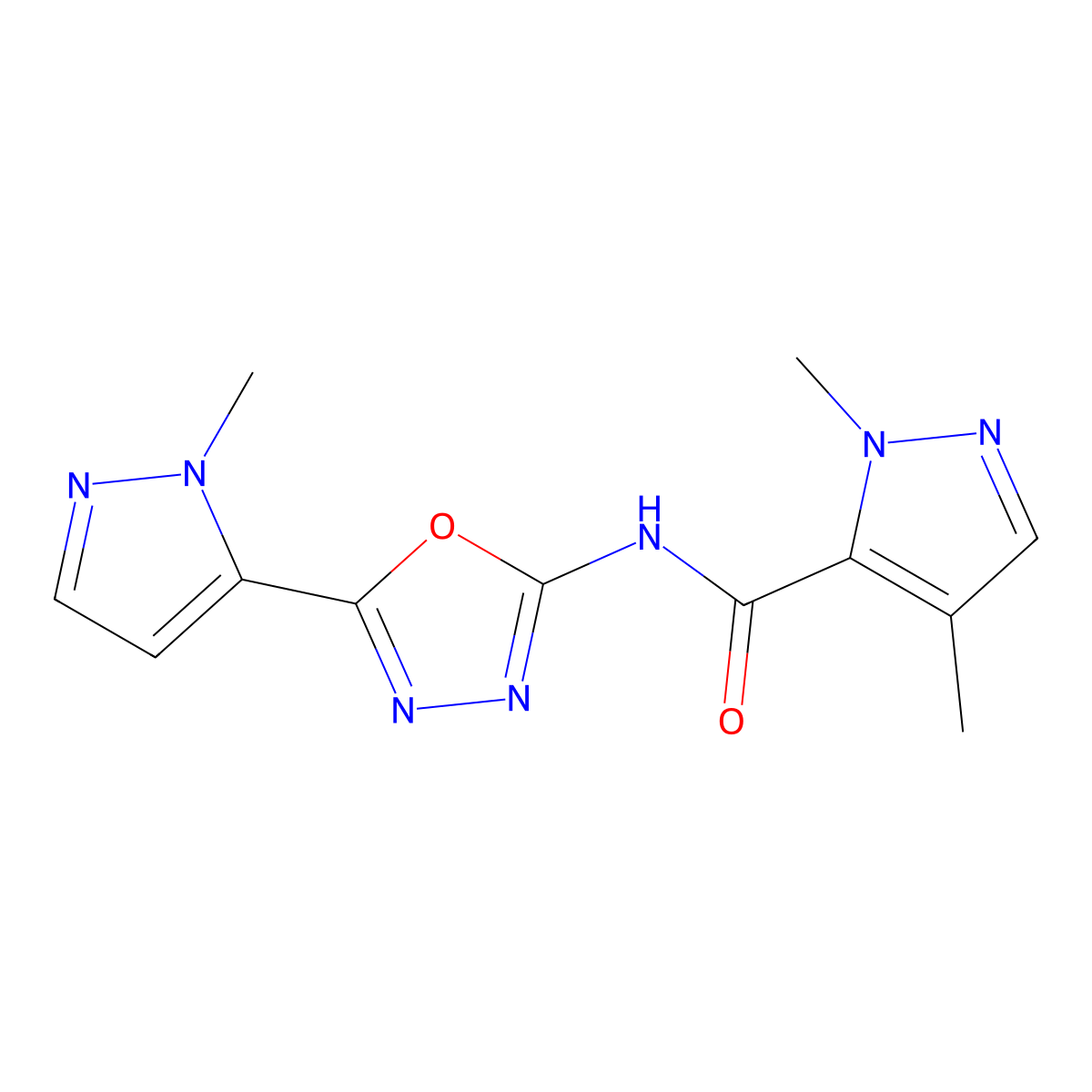 1,4-dimethyl-N-(5-(1-methyl-1H-pyrazol-5-yl)-1,3,4-oxadiazol-2-yl)-1H-pyrazole-5-carboxamide molecular structure, CAS 1172573-89-5
