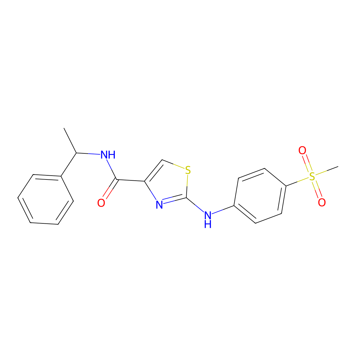 2-((4-(methylsulfonyl)phenyl)amino)-N-(1-phenylethyl)thiazole-4-carboxamide molecular structure, CAS 1172574-37-6