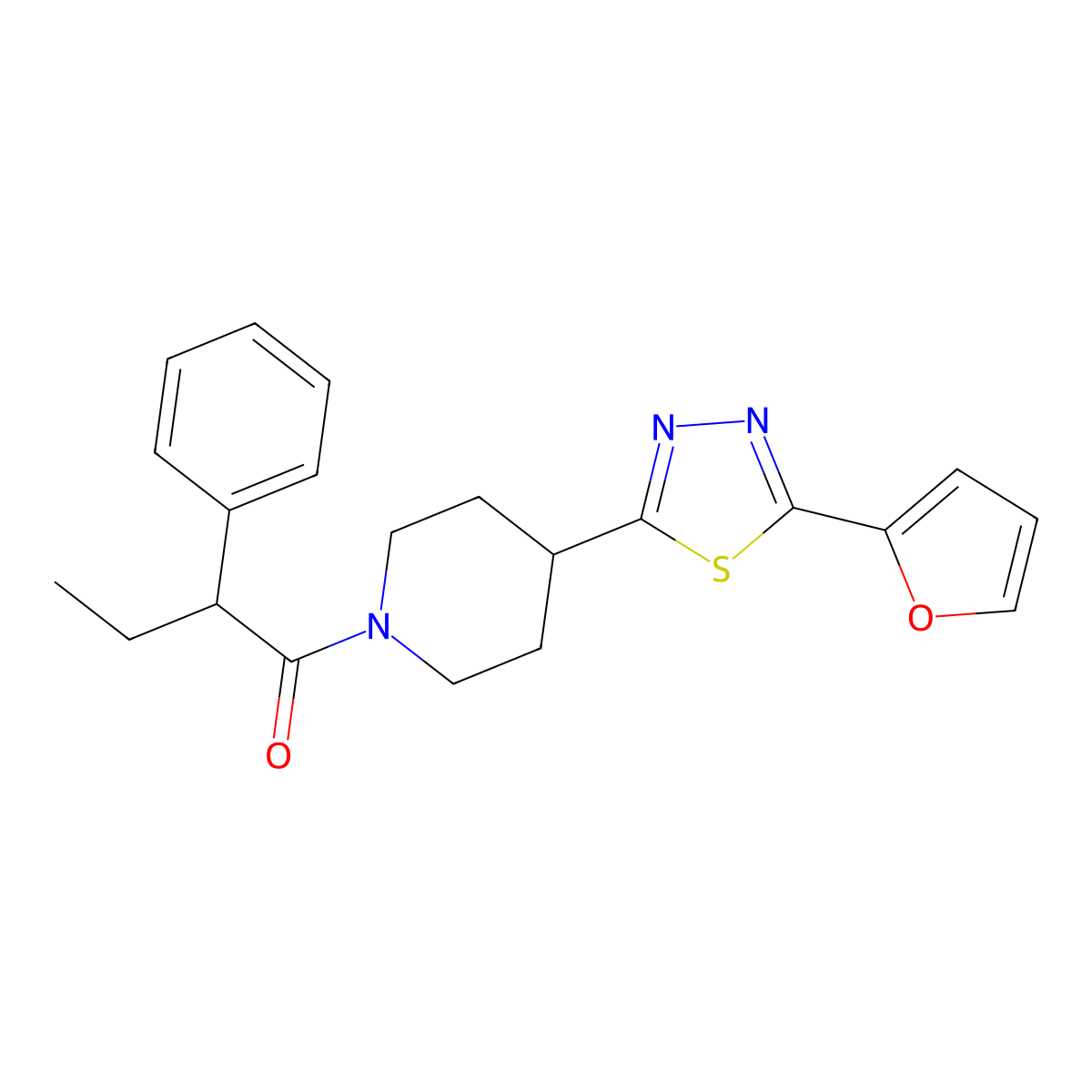 1-{4-[5-(Furan-2-yl)-1,3,4-thiadiazol-2-yl]piperidin-1-yl}-2-phenylbutan-1-one molecular structure, CAS 1172574-66-1