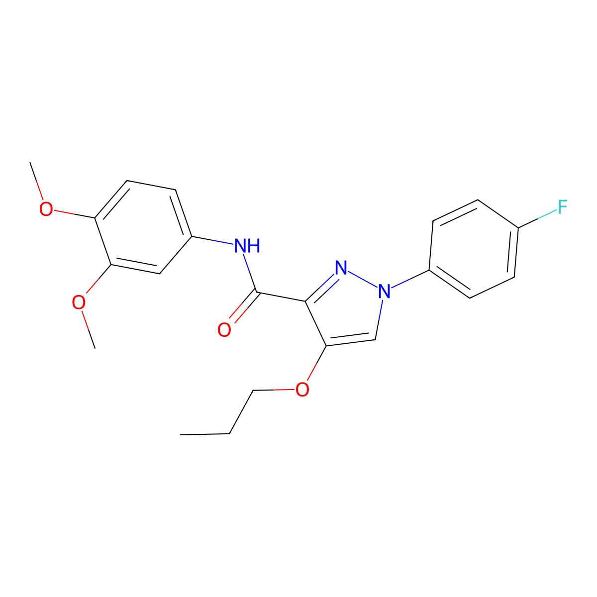 N-(3,4-dimethoxyphenyl)-1-(4-fluorophenyl)-4-propoxy-1H-pyrazole-3-carboxamide molecular structure, CAS 1172574-99-0