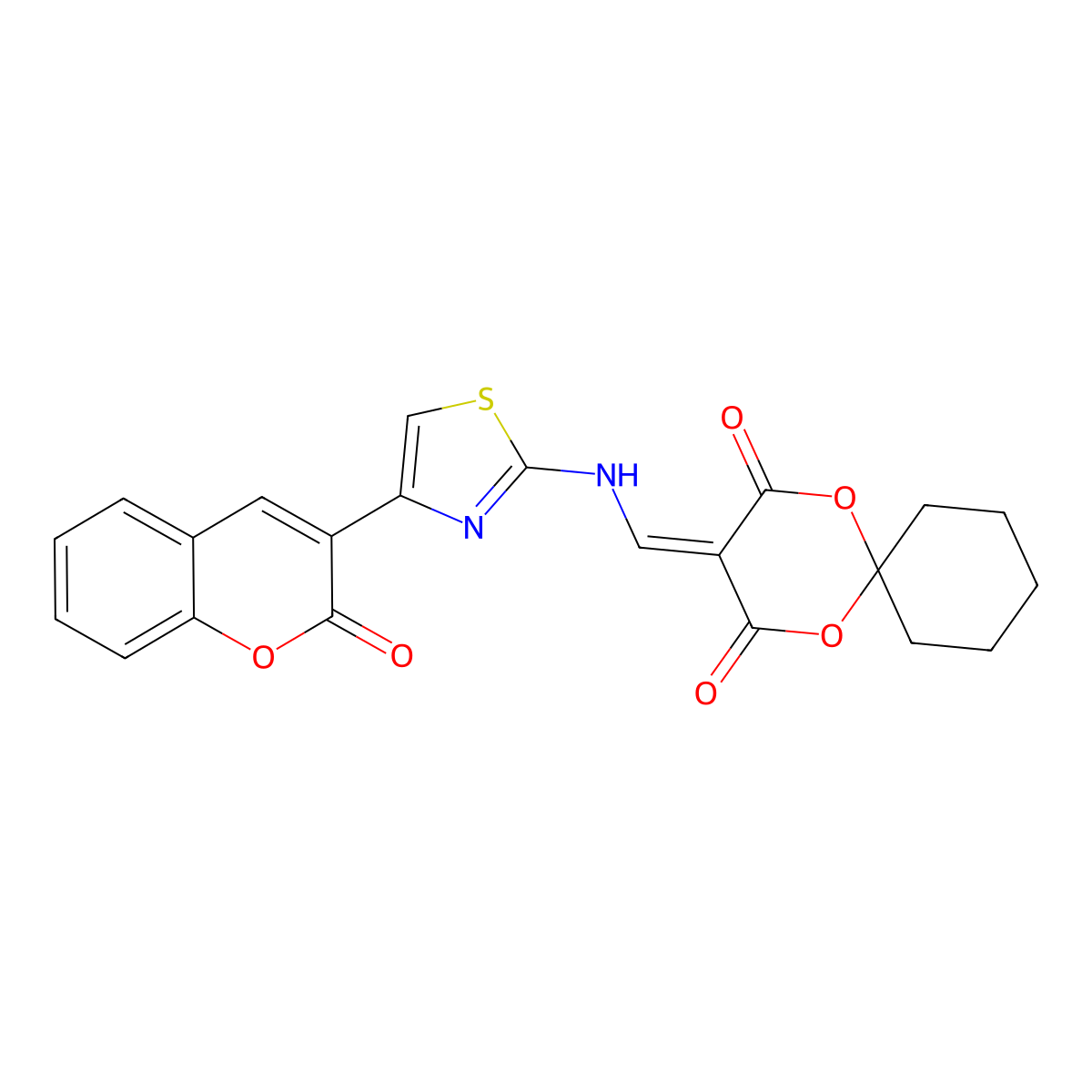 3-(((4-(2-oxo-2H-chromen-3-yl)thiazol-2-yl)amino)methylene)-1,5-dioxaspiro[5.5]undecane-2,4-dione molecular structure, CAS 1172575-74-4
