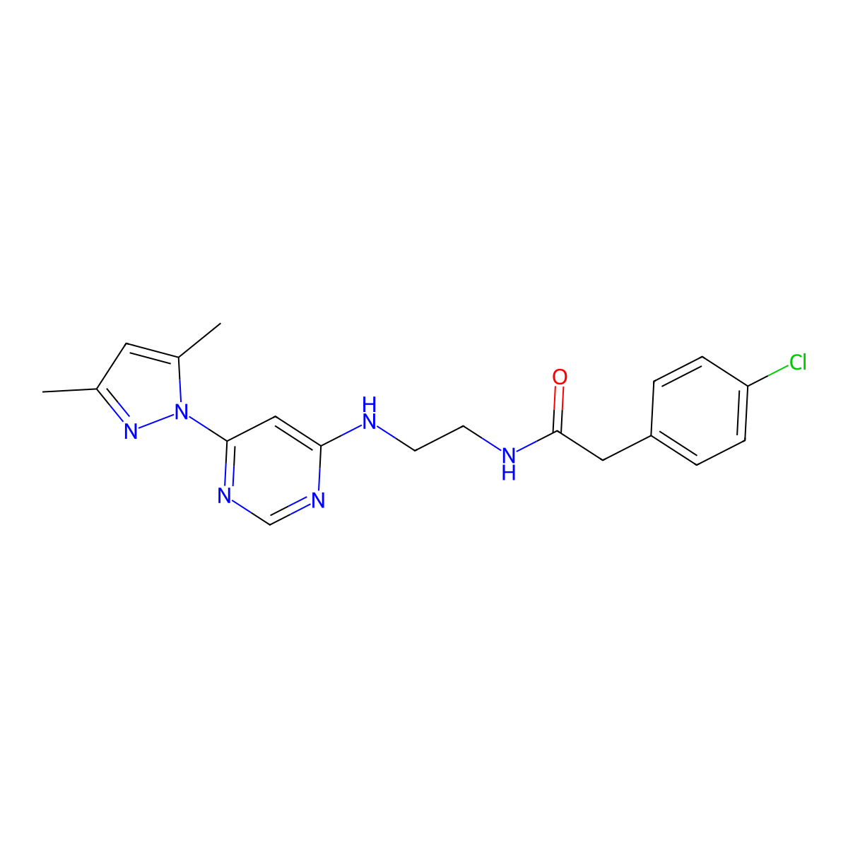 2-(4-chlorophenyl)-N-(2-((6-(3,5-dimethyl-1H-pyrazol-1-yl)pyrimidin-4-yl)amino)ethyl)acetamide molecular structure, CAS 1172575-81-3